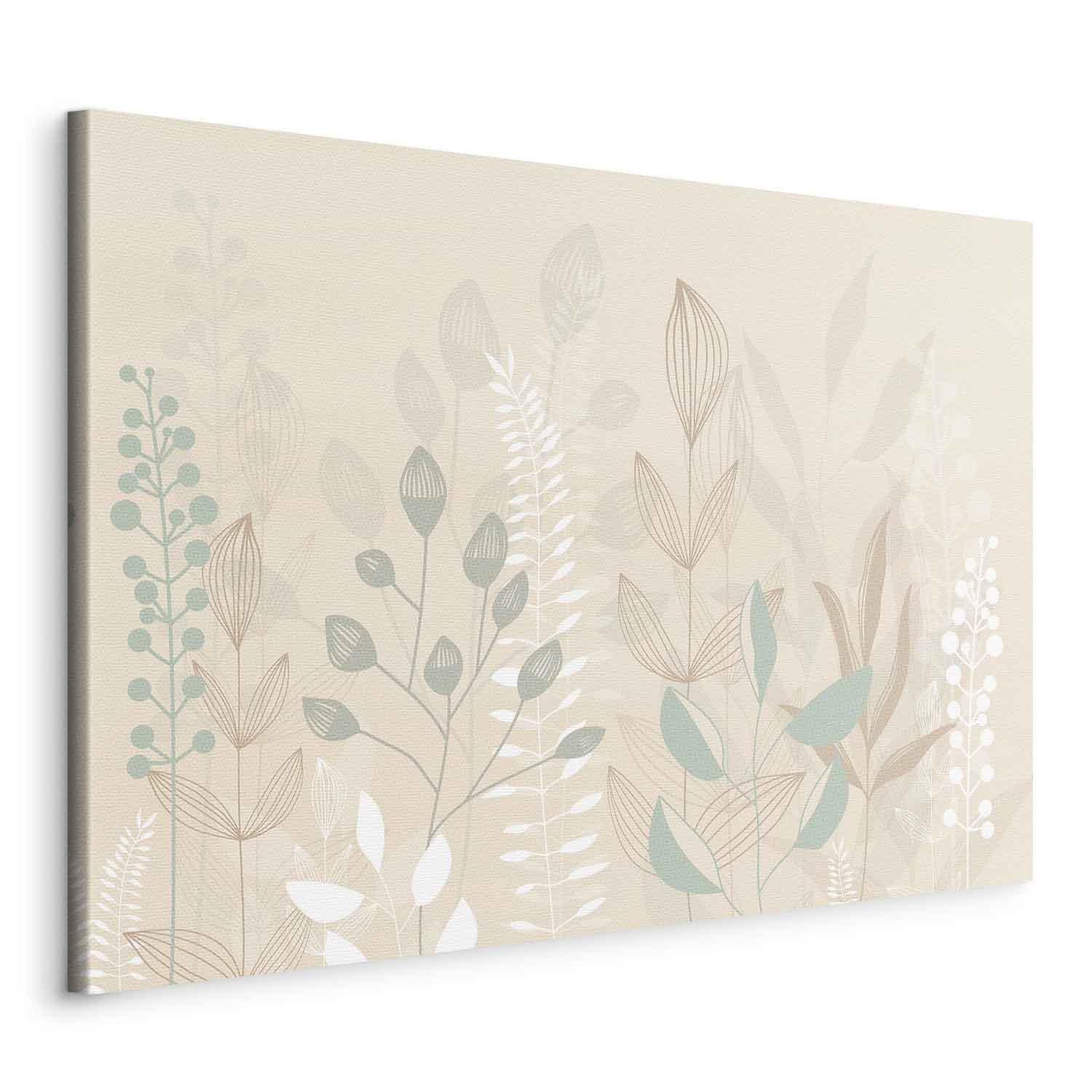 Lærredsbillede Morning in the Meadow med pastelplanter på beige baggrund - 120 x 80 cm - På italiensk lærred
