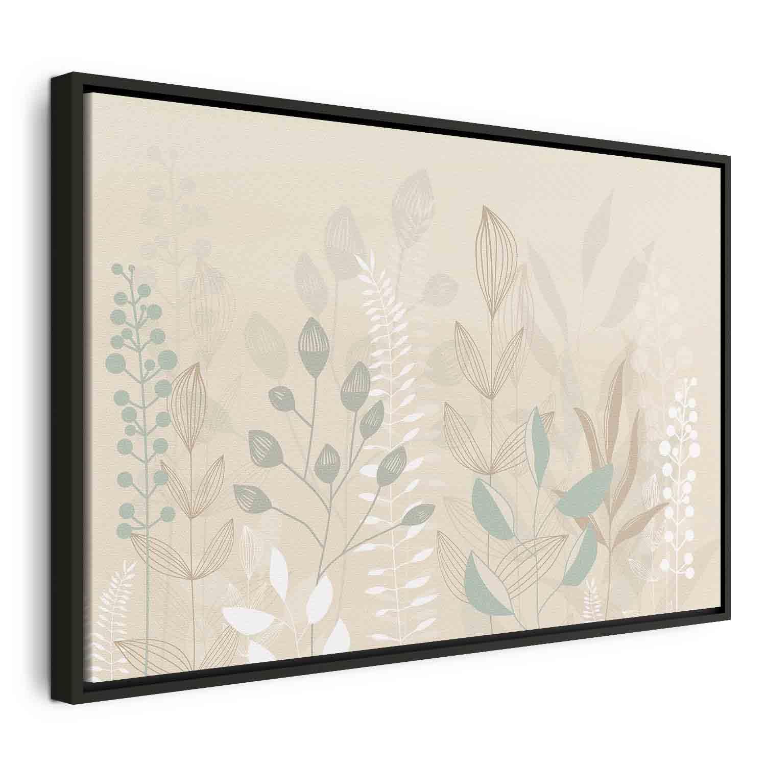 Lærredsbillede Morning in the Meadow med pastelplanter på beige baggrund - 120 x 80 cm - I en sort træramme