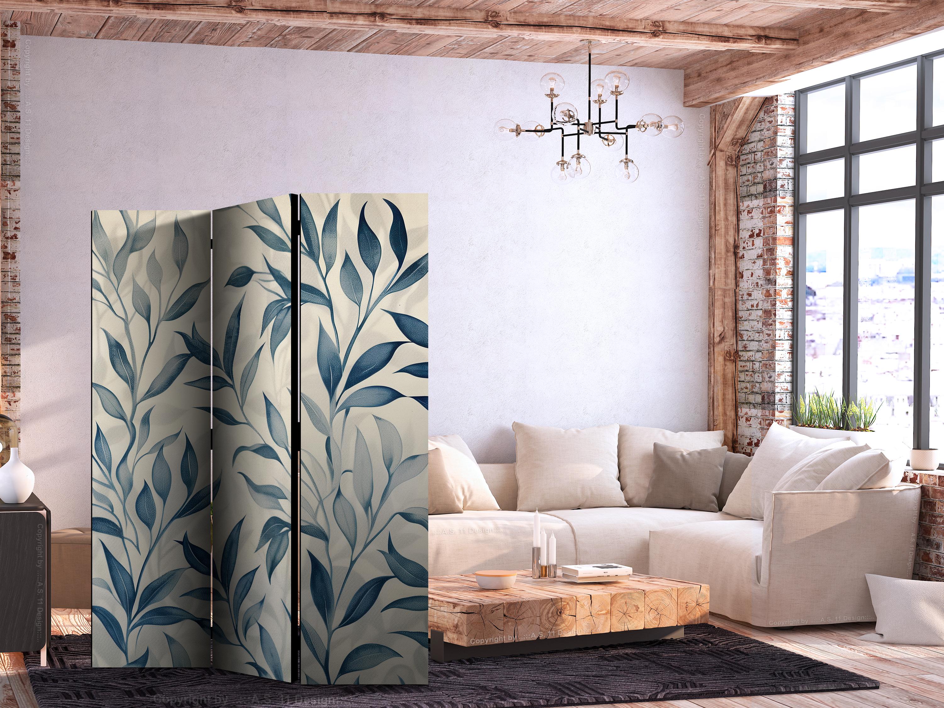 3-panels skærmvæg med blå blade - botanisk rumdeler - 135 x 172 cm - Akustik