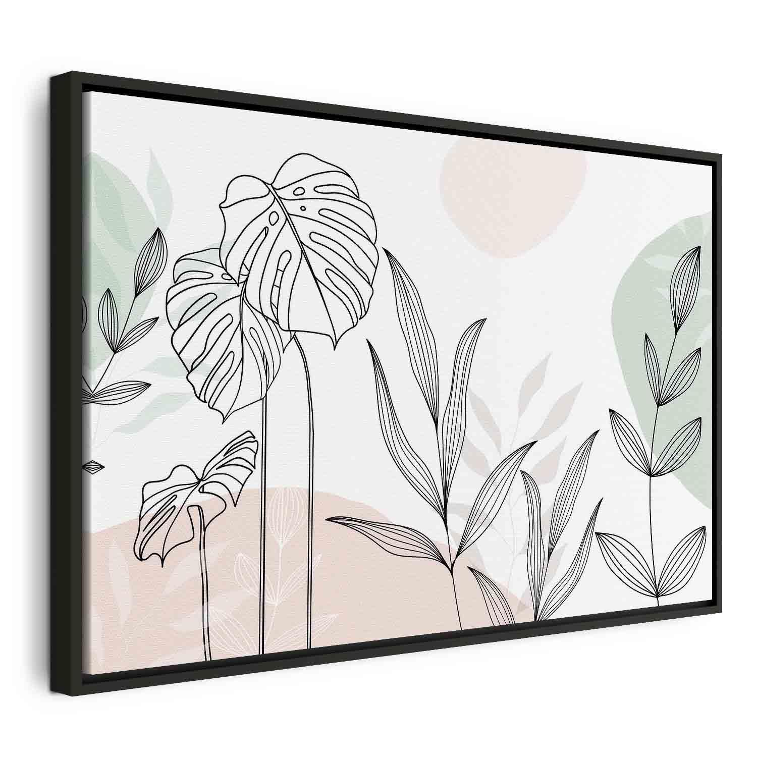 Lærredsbillede Pastel line art med blade - 90 x 60 cm - I en sort træramme