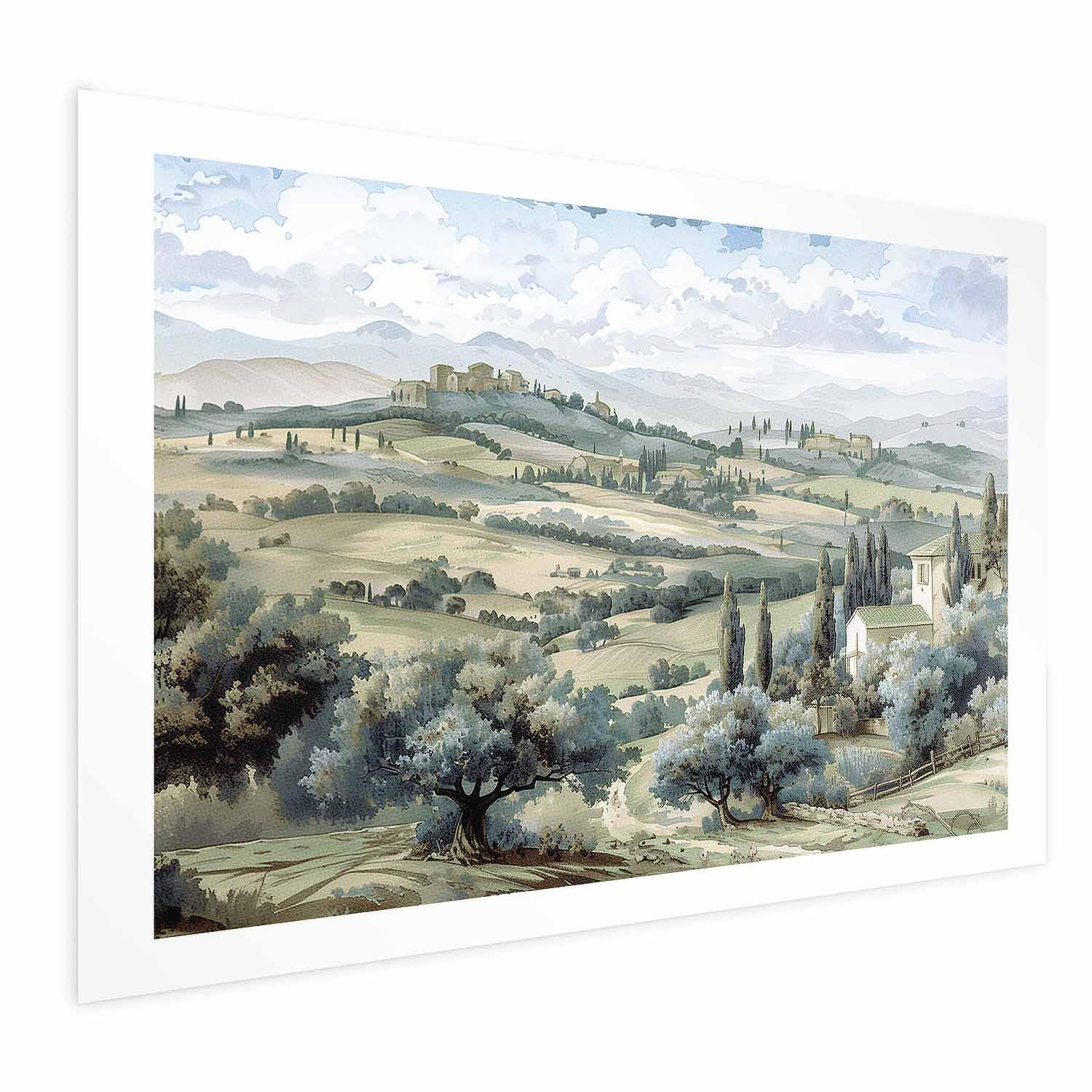 Landskabsplakat med solrige grønne marker og italiensk motiv - 60 x 40 cm - Uden ramme