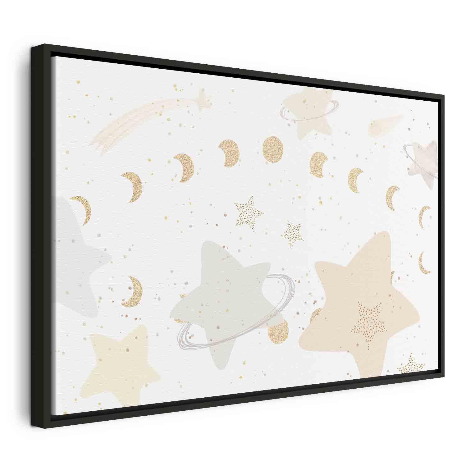 Billede på lærred til børn - Eventyrgalakse med månens faser i gule toner - 60 x 40 cm - I en sort træramme