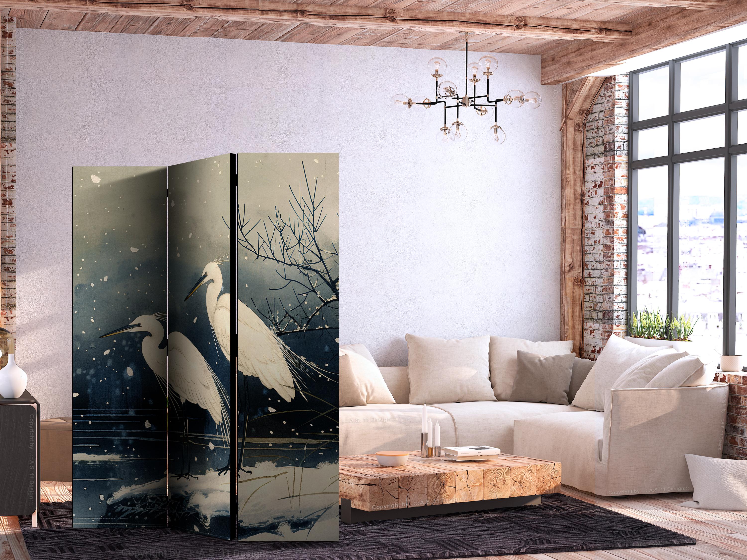 Skærmvæg med hejrer over en vinterdam i japansk stil 135 x 172 cm - 135 x 172 cm - Dobbeltsiddet