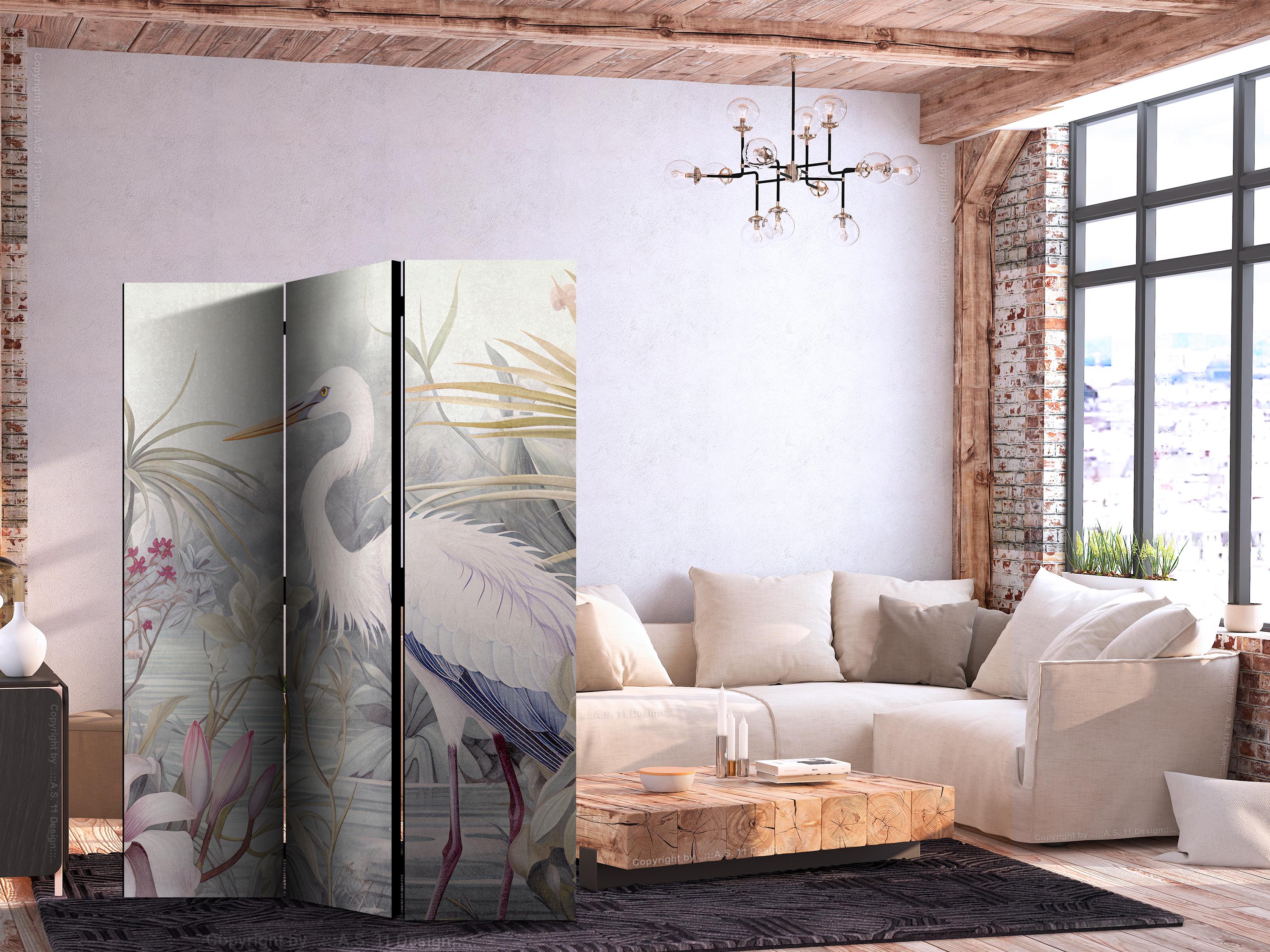 Skærmvæg med hejre i dam - 3-panel rumdeler 135 x 172 cm - 135 x 172 cm - Dobbeltsiddet