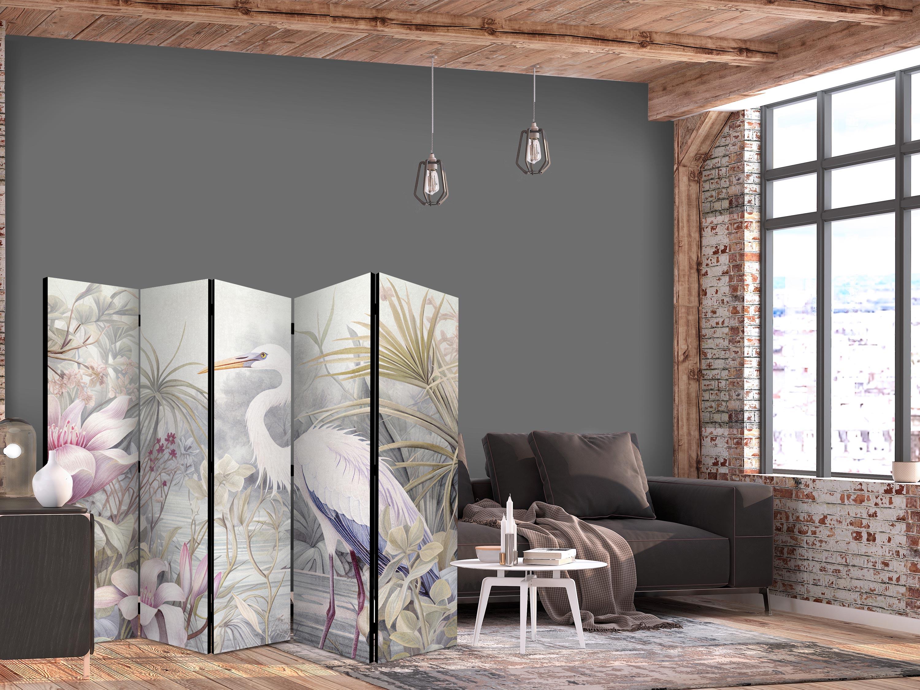 5-panels skærmvæg med hejre i dam - farverig rumdeler 225 x 172 cm - 225 x 172 cm - Enkeltsiddet