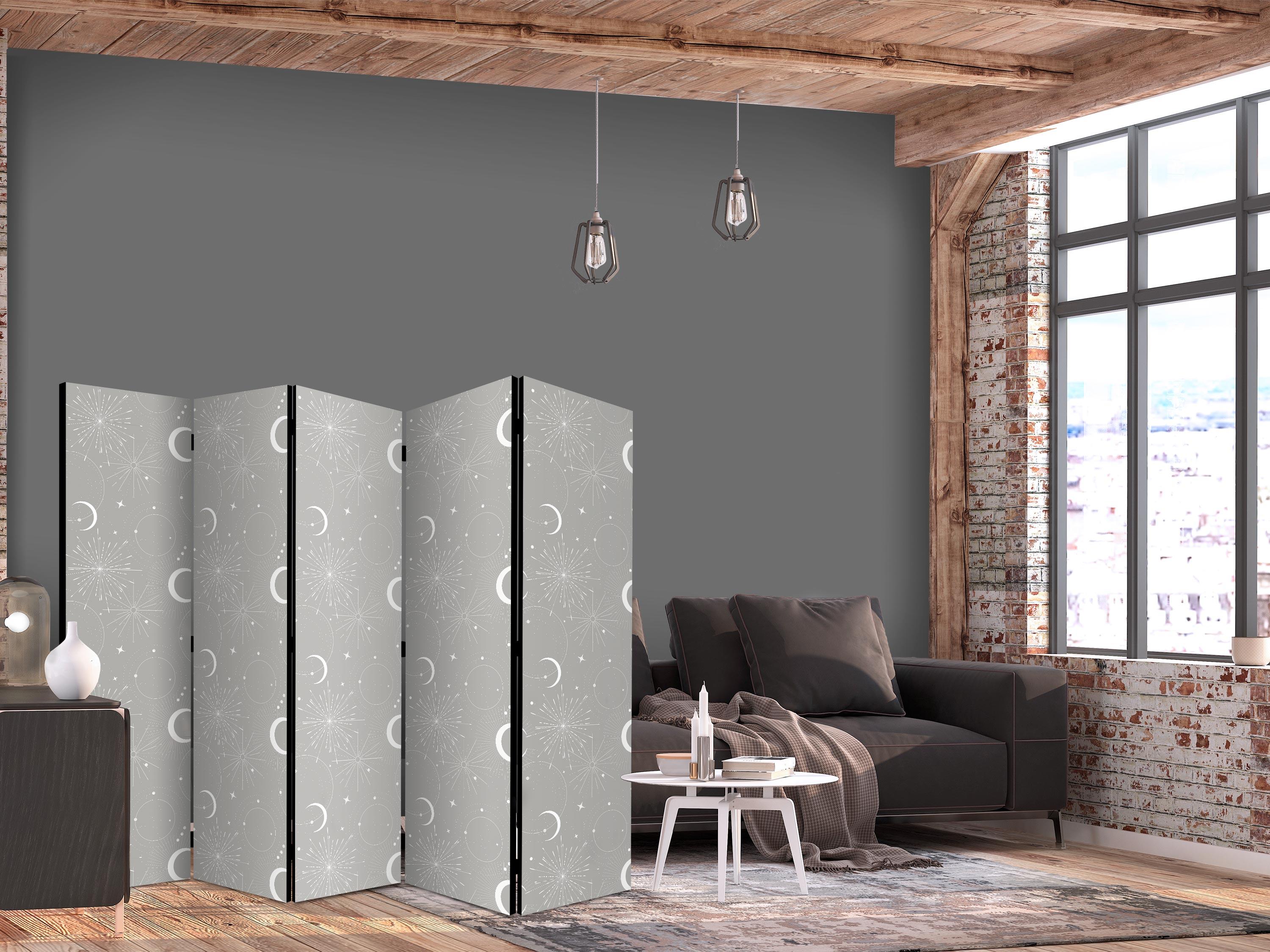 5-panels skærmvæg Cosmic Fireworks i grå med måner og stjerner 225 x 172 cm - 225 x 172 cm - Enkeltsiddet