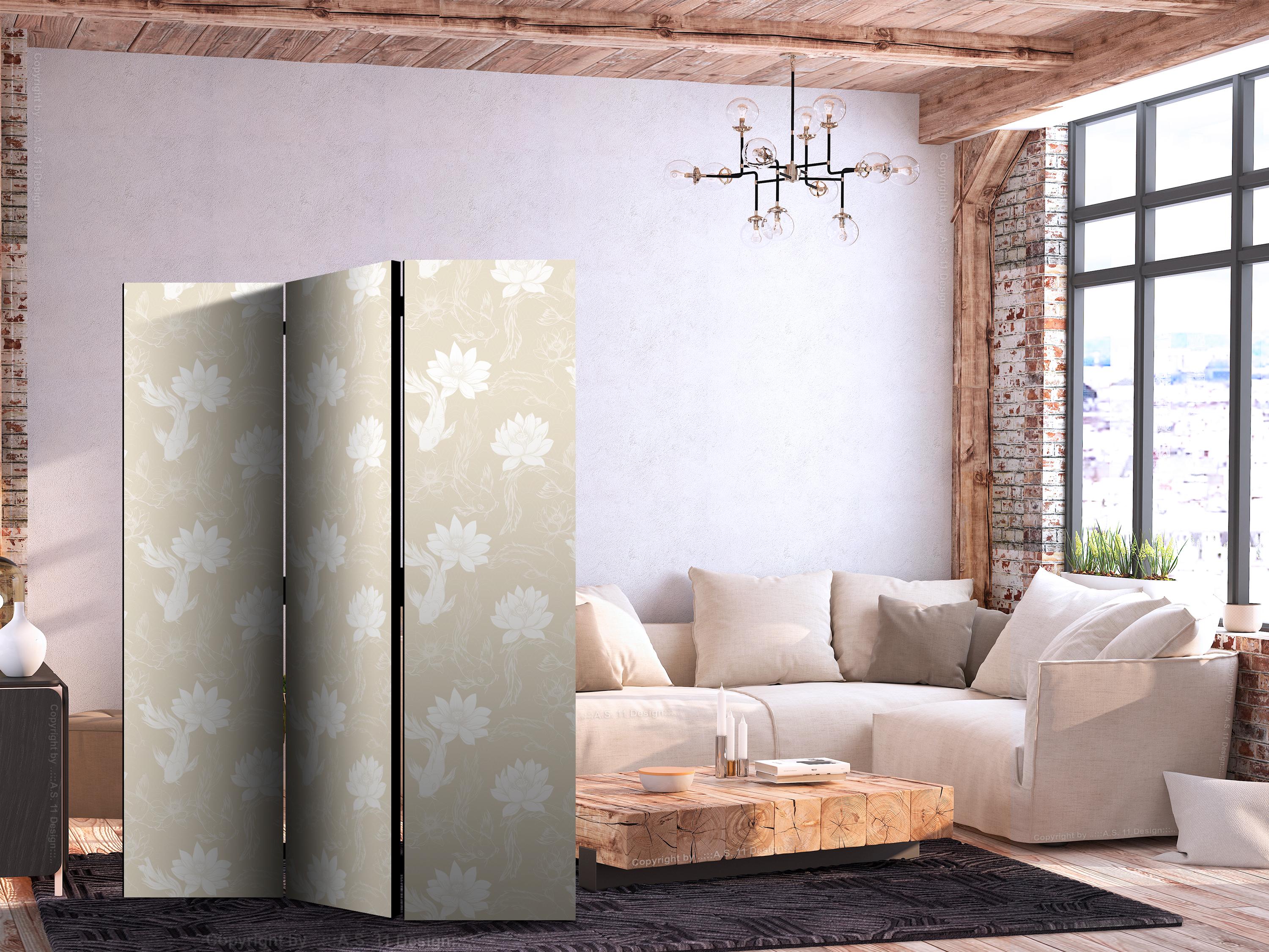Skærmvæg med fisk og åkander - 3-panels rumdeler i sandbeige - 135 x 172 cm - Akustik