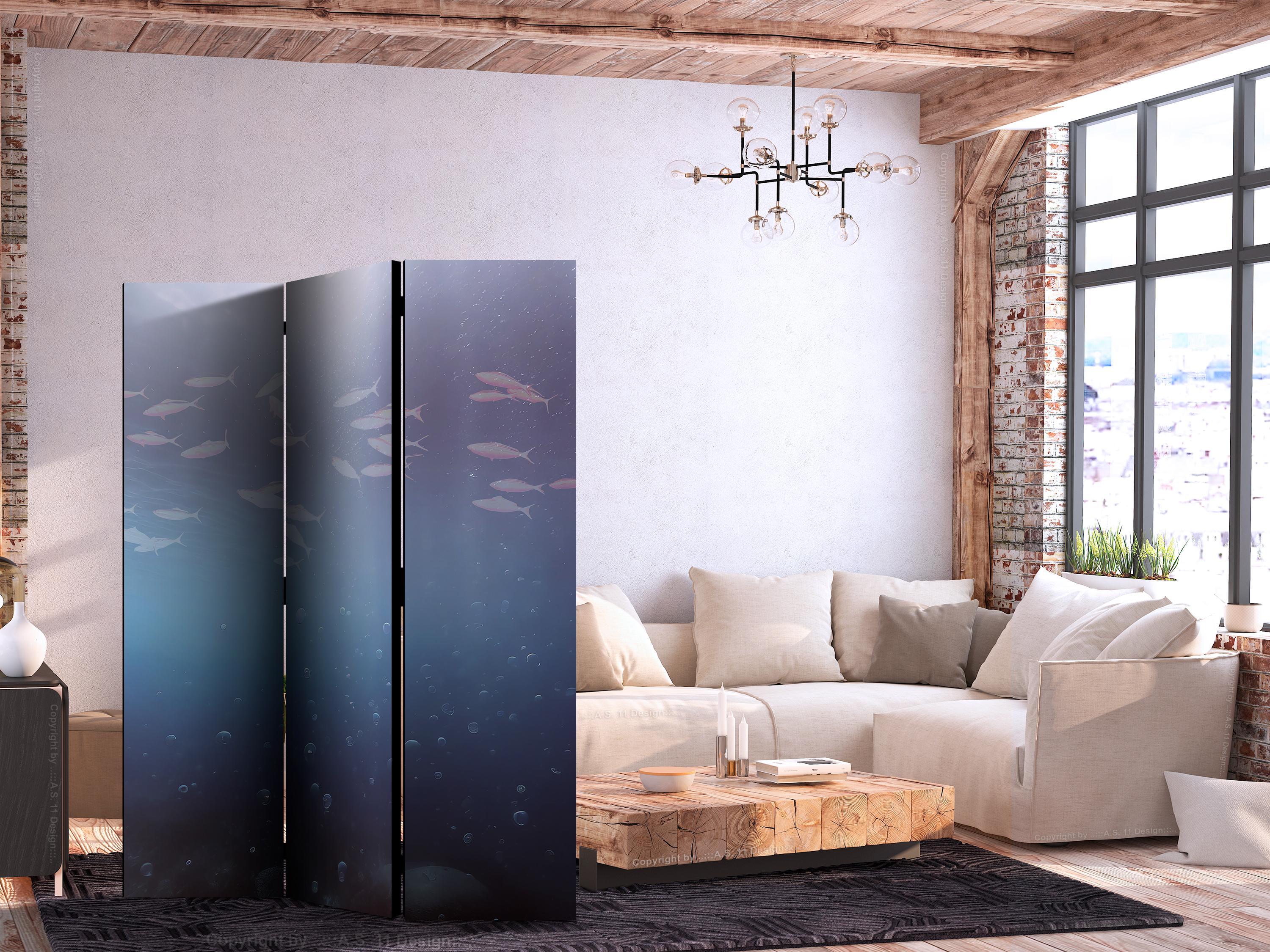 Skærmvæg med fiskemotiv - 3-panels rumdeler i marineblå, lilla og grå - 135 x 172 cm - Akustik
