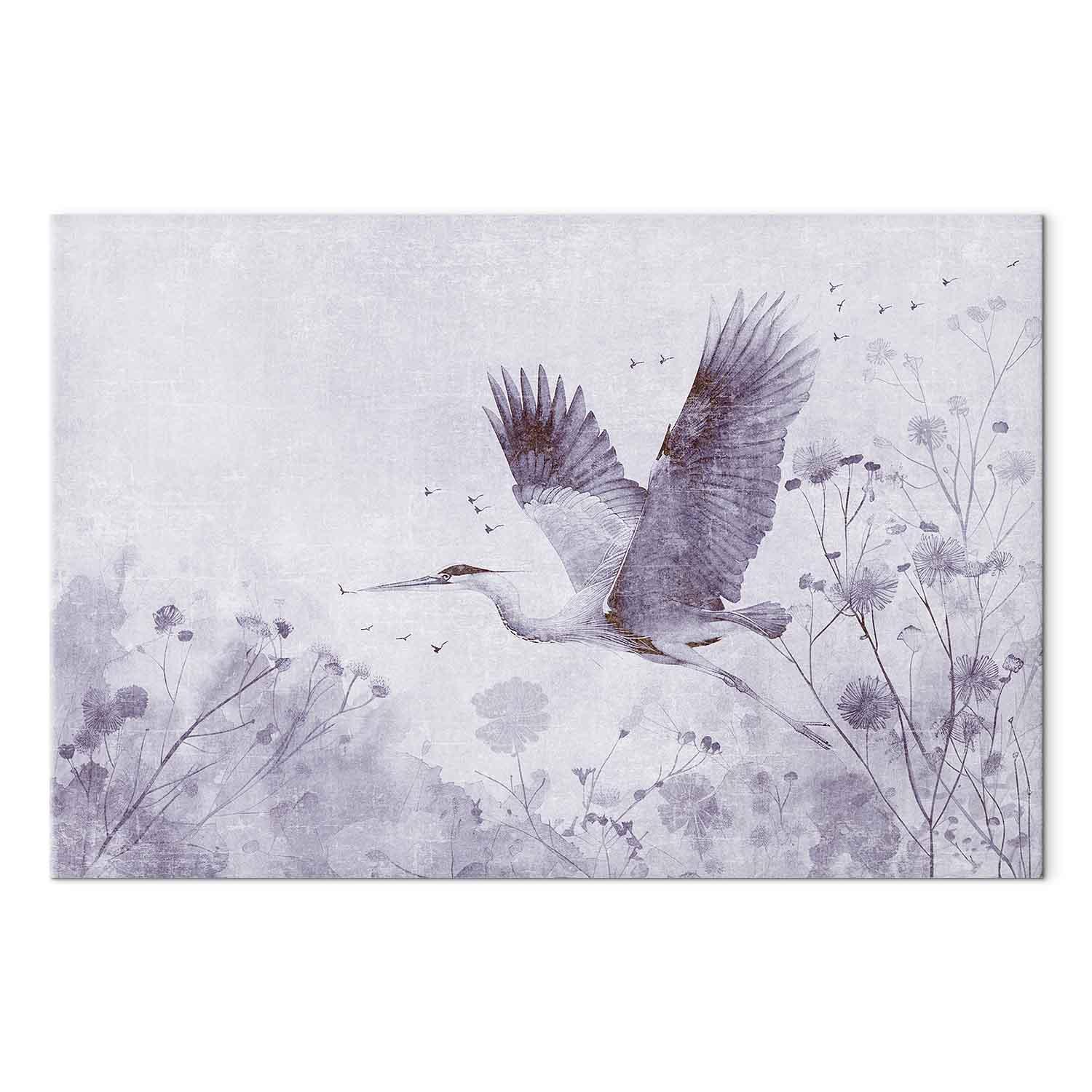 Lærredsbillede Majestætisk flugt - trane i monokrom - 30 x 20 cm - Akustisk