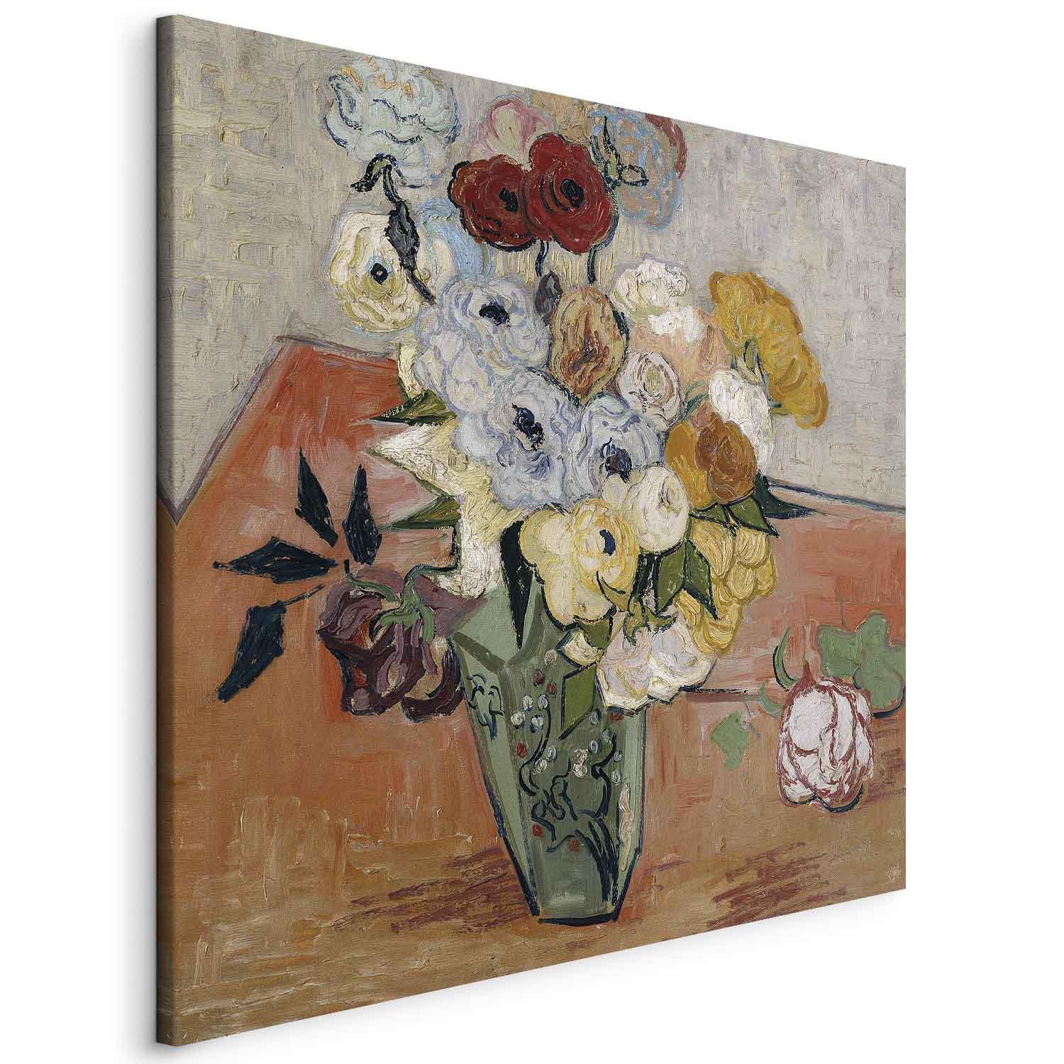 Vincent van Gogh billede på lærred - Stilleben med japansk vase, roser og anemoner - 40 x 40 cm - På italiensk lærred
