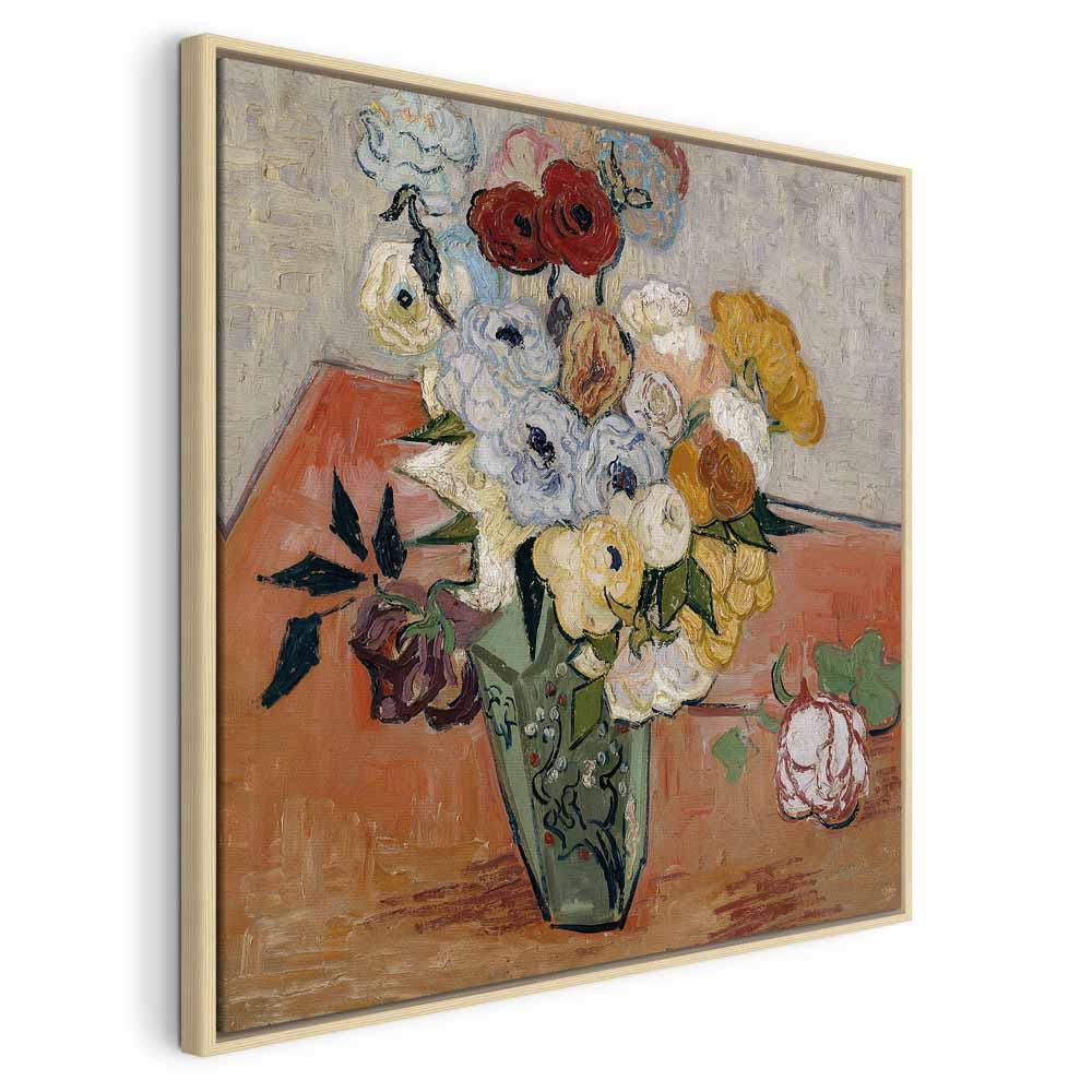 Vincent van Gogh billede på lærred - Stilleben med japansk vase, roser og anemoner - 80 x 80 cm - I en naturlig træramme