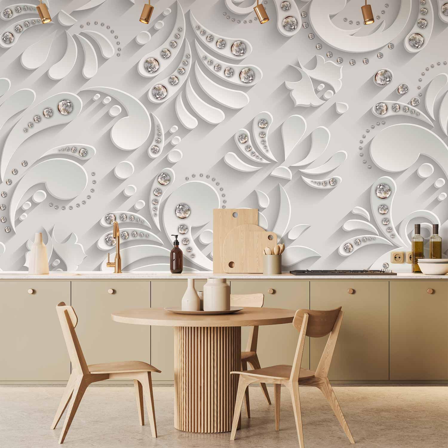 3D fototapet med blomster og krystaller - 400 x 280 cm - Vandtæt