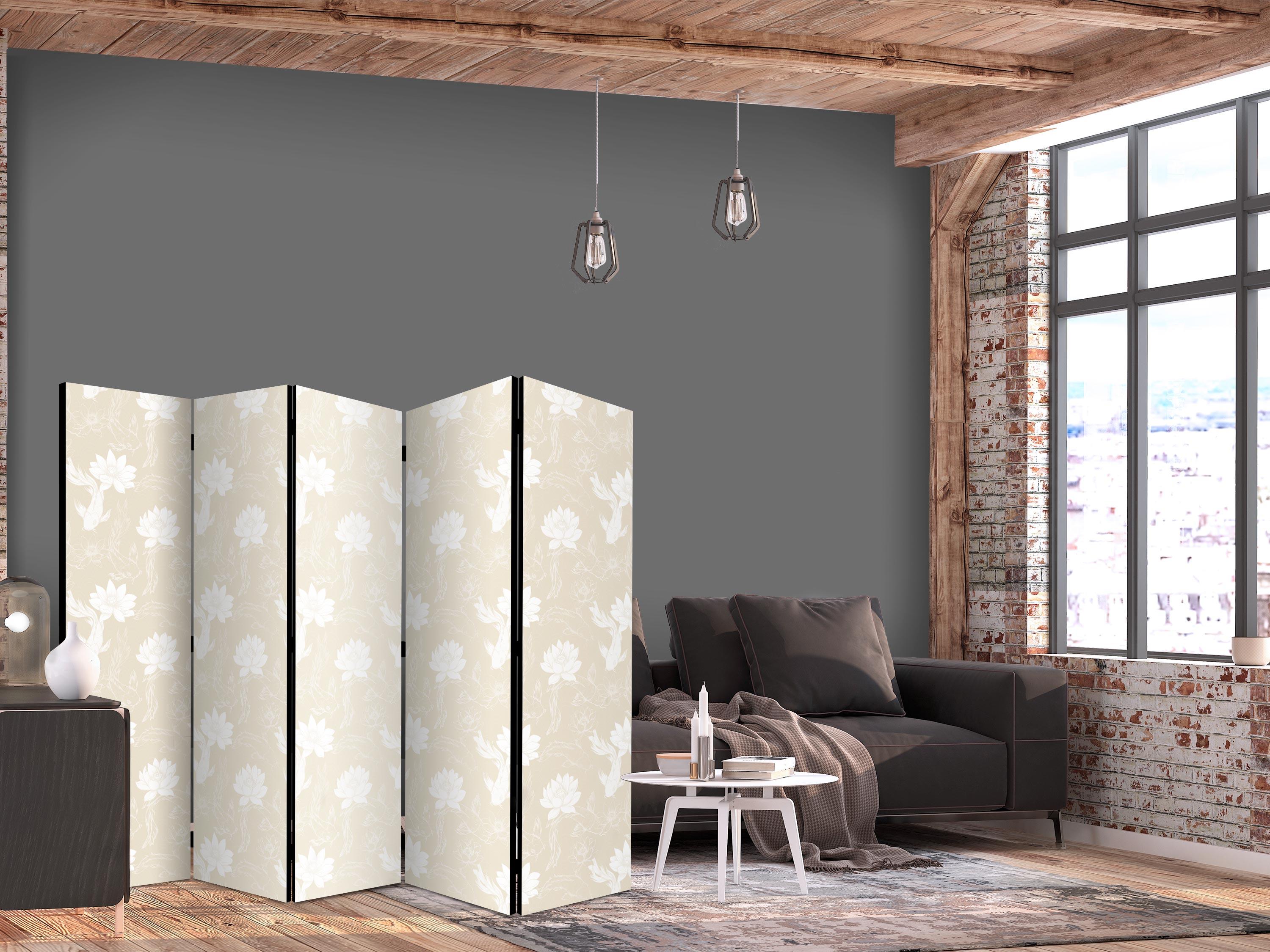 Skærmvæg med fisk og åkander - 5-panels rumdeler i sandbeige - 225 x 172 cm - Akustik