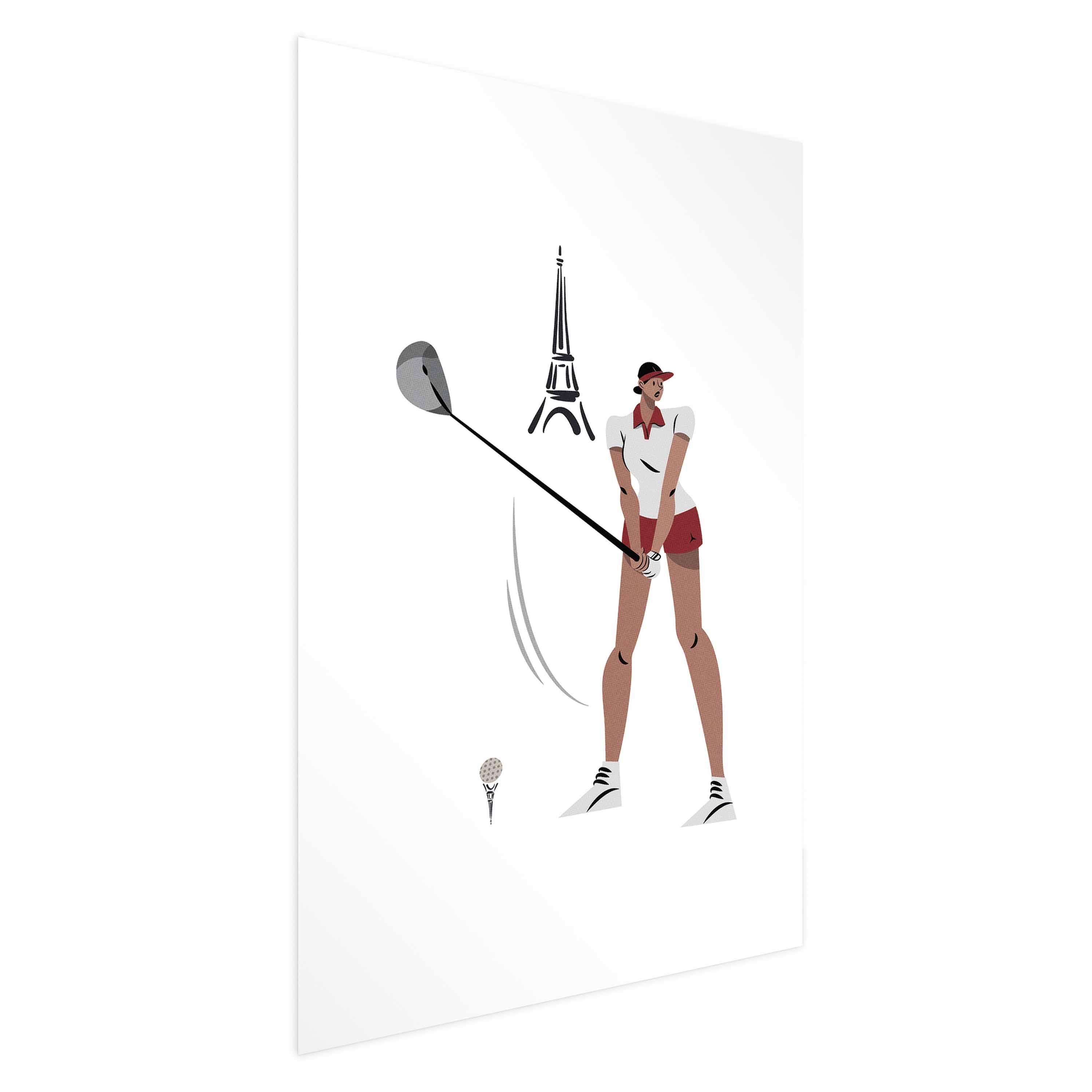 Vægplakat med kvindelig golfspiller og Eiffeltårnet - 29.7 x 42 cm - Uden ramme