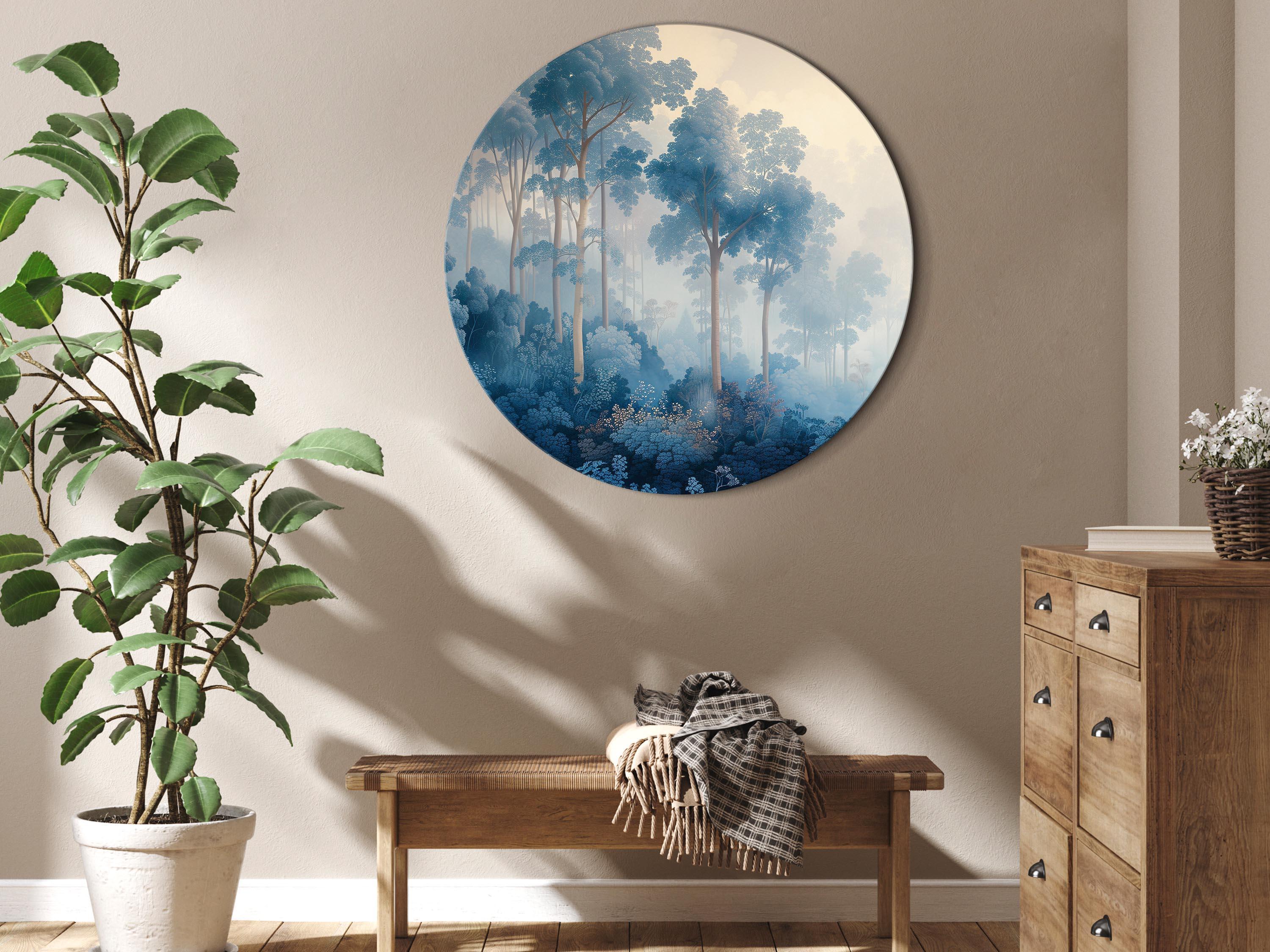 Rundt lærredsprint med blå skovlandskab - eventyrlig stil - 80 x 80 cm