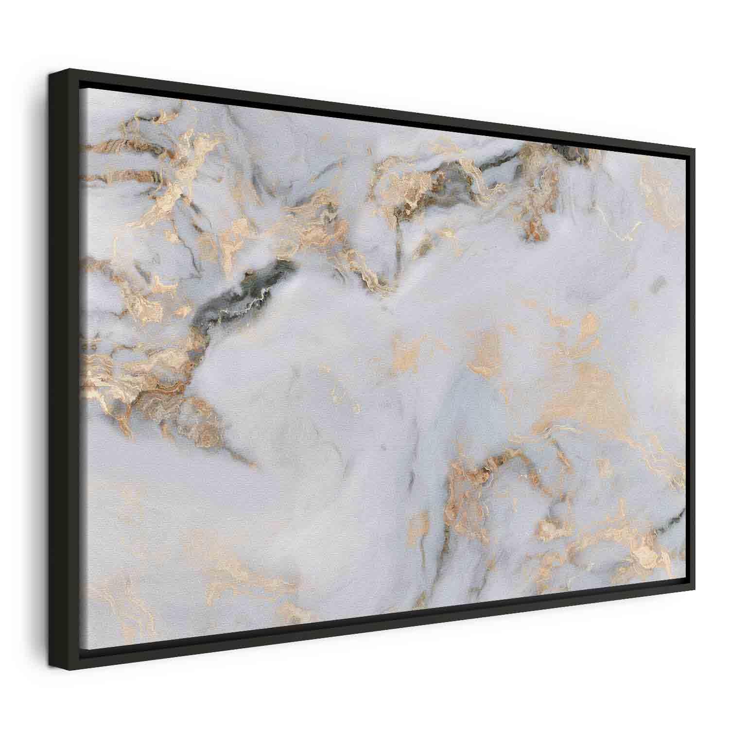 Lærredsbillede White Stone - elegant marmorbillede med gyldne refleksioner - 120 x 80 cm - I en sort træramme