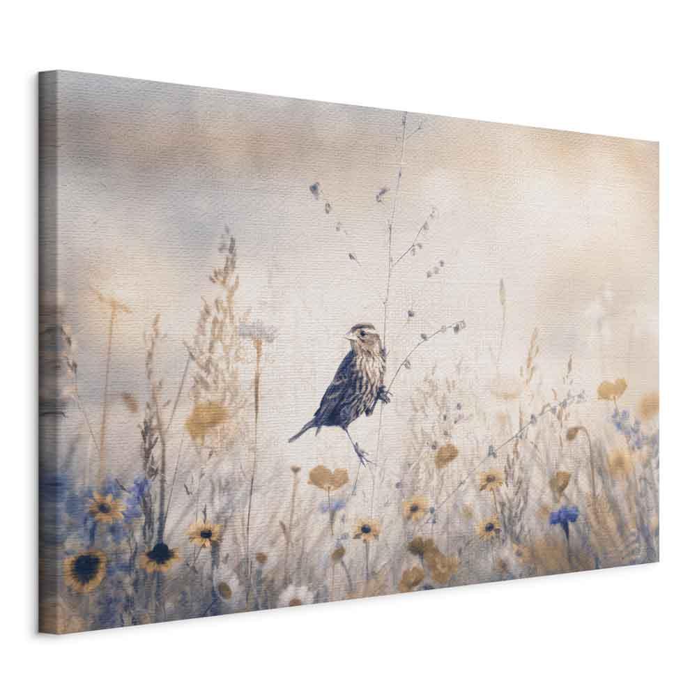 Lærredsbillede August Melody med fugl og blomster - 60 x 40 cm - På italiensk lærred