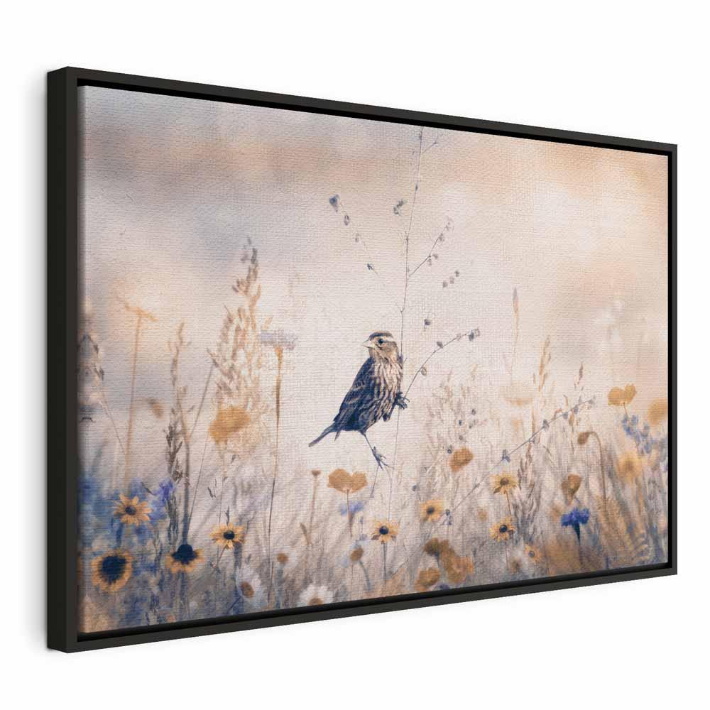 Lærredsbillede August Melody med fugl og blomster - 60 x 40 cm - I en sort træramme
