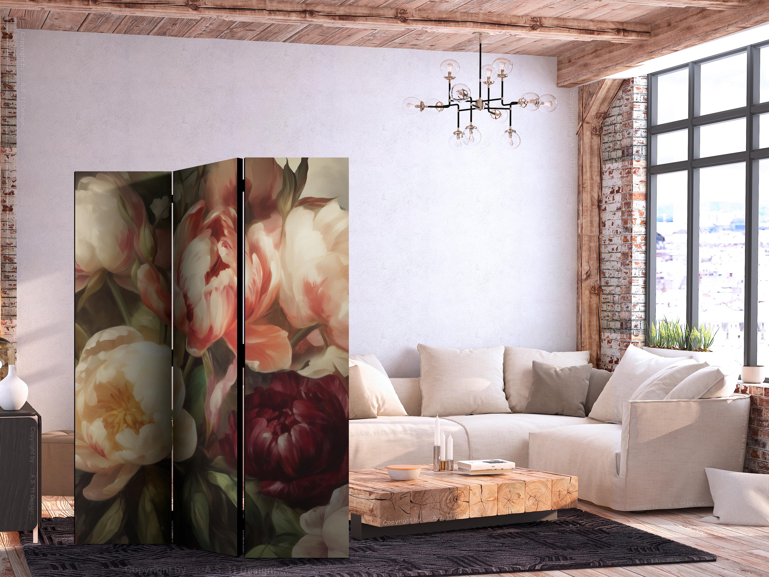 Skærmvæg med blomster - Blomstrende pæoner 135 x 172 cm - 135 x 172 cm - Akustik