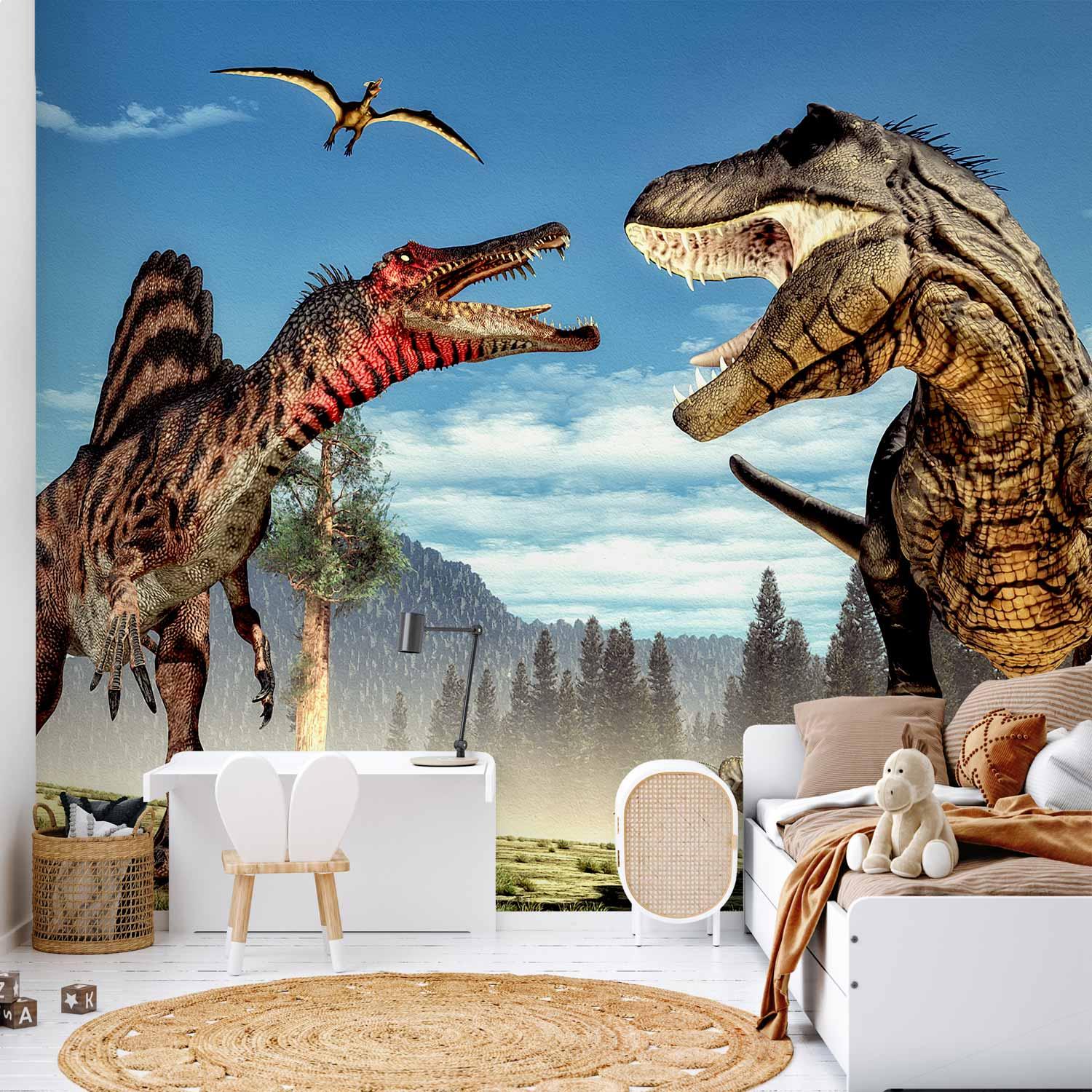 Fototapet med kæmpende dinosaurer til børneværelse - 98 x 70 cm - Selvklæbende
