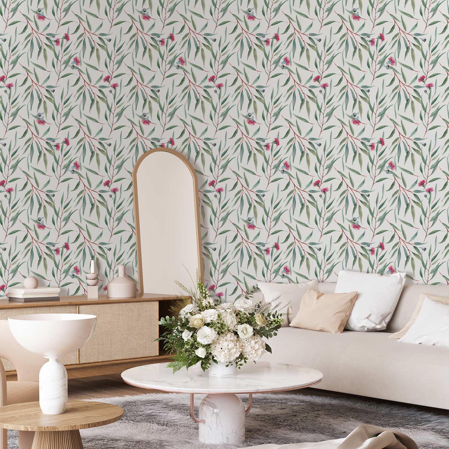 Tapet med pink blomsterknopper og bladmotiv - 50 x 1000 cm - Standard