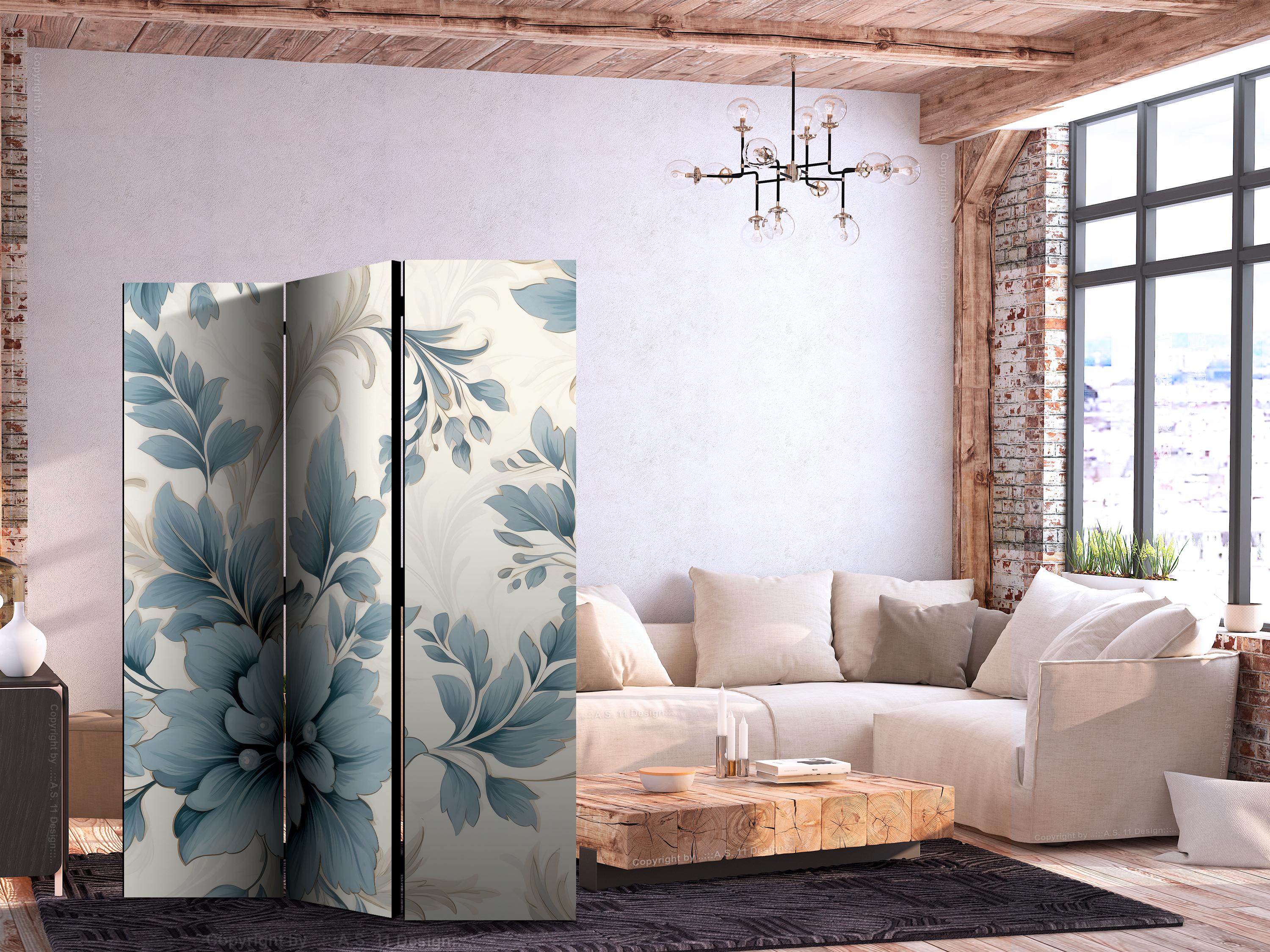 3-panels skærmvæg med turkisblå blomster i retrostil 135 x 172 cm - 135 x 172 cm - Akustik