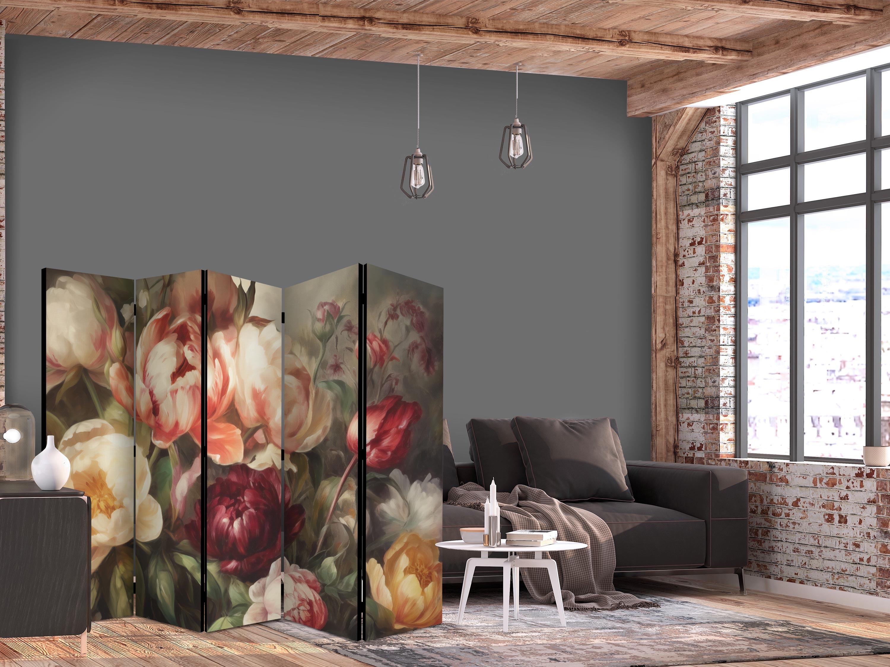 5-panels skærmvæg med blomster - Blooming Peonies - 225 x 172 cm - Akustik