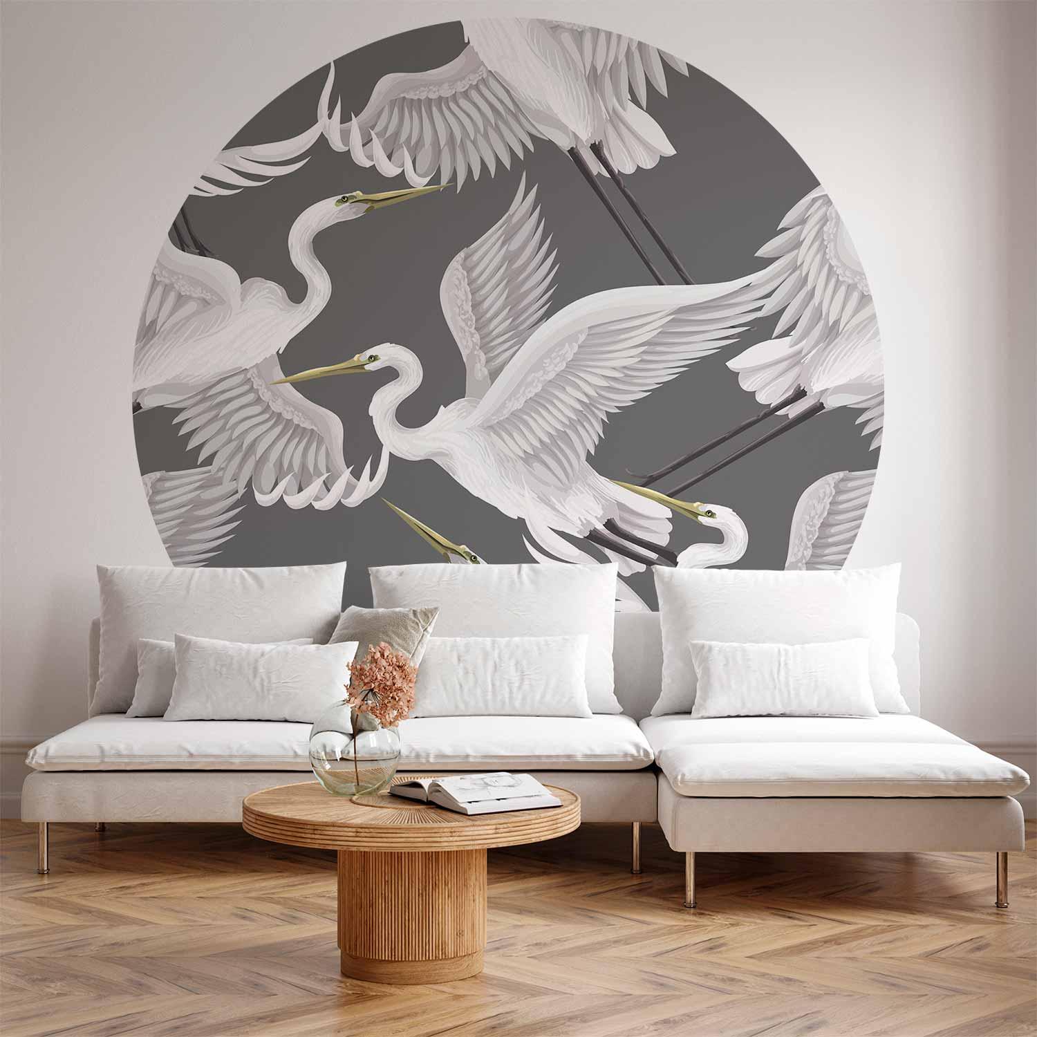 Rundt fototapet Pastelfugle med hvide og grå hejrer - 140 x 140 cm