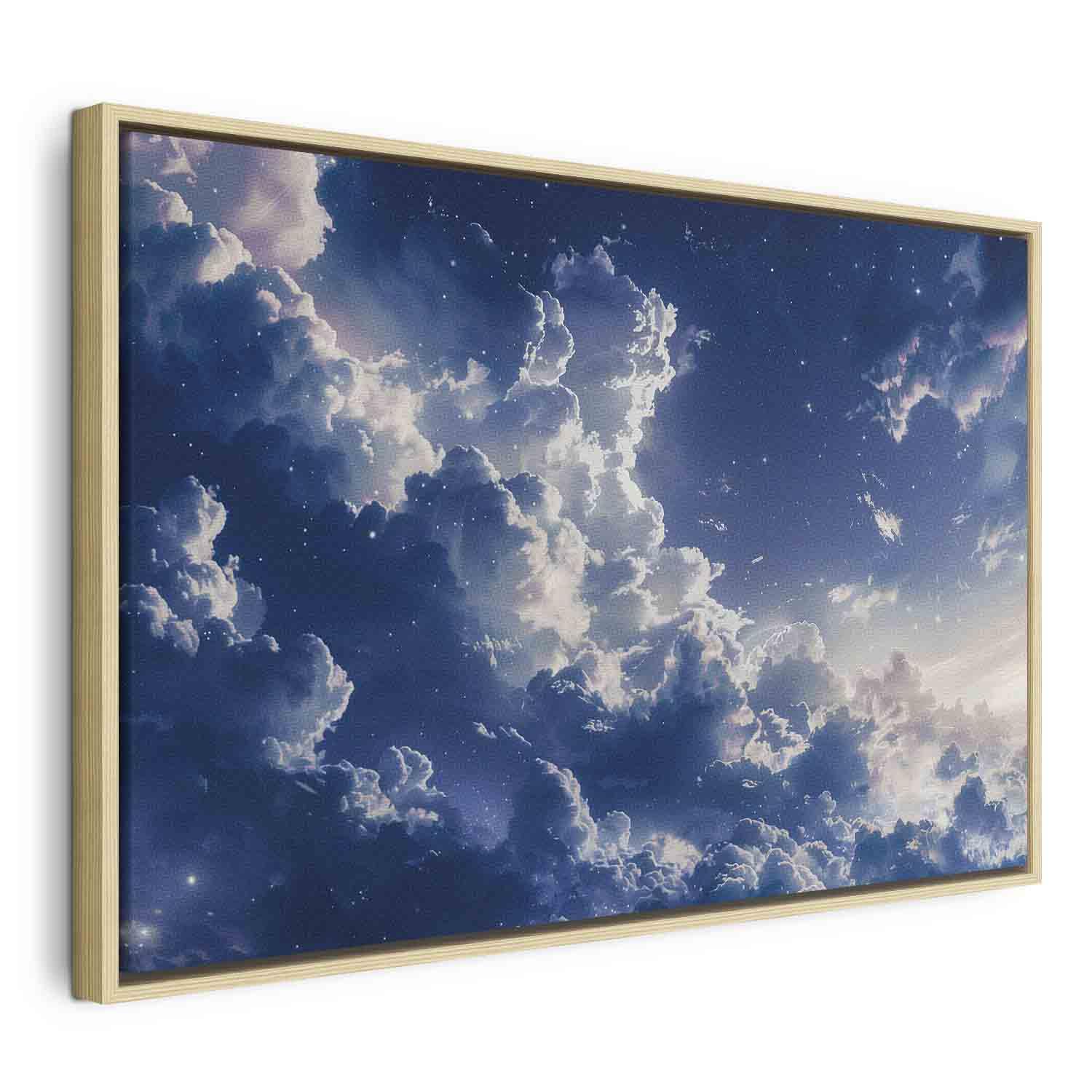 Billede på lærred med stjerneklare skyer og sart lys over himlen - 120 x 80 cm - I en naturlig træramme