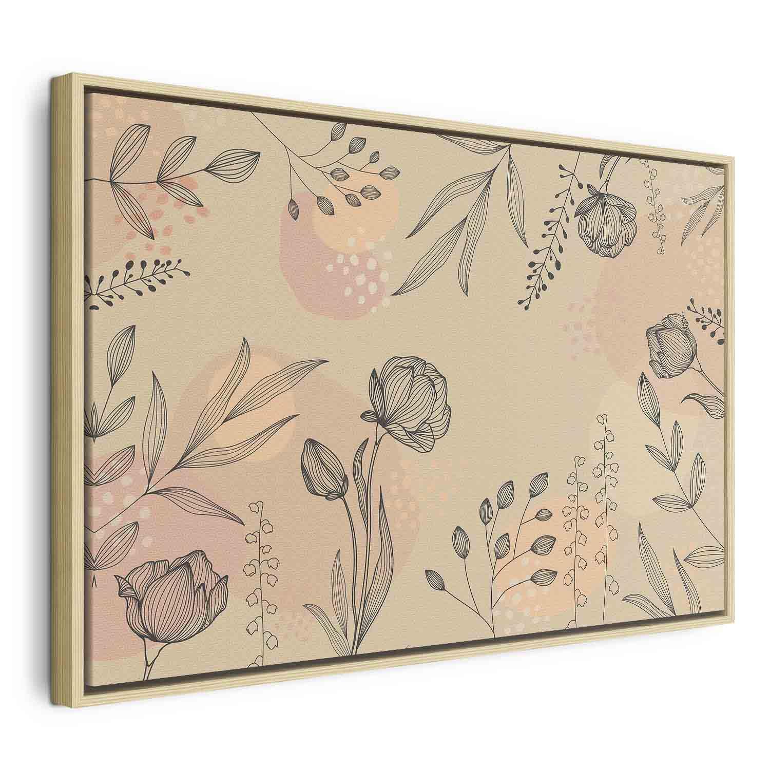 Lærredsbillede - Naturens varme farver med blomster og blade - 120 x 80 cm - I en naturlig træramme