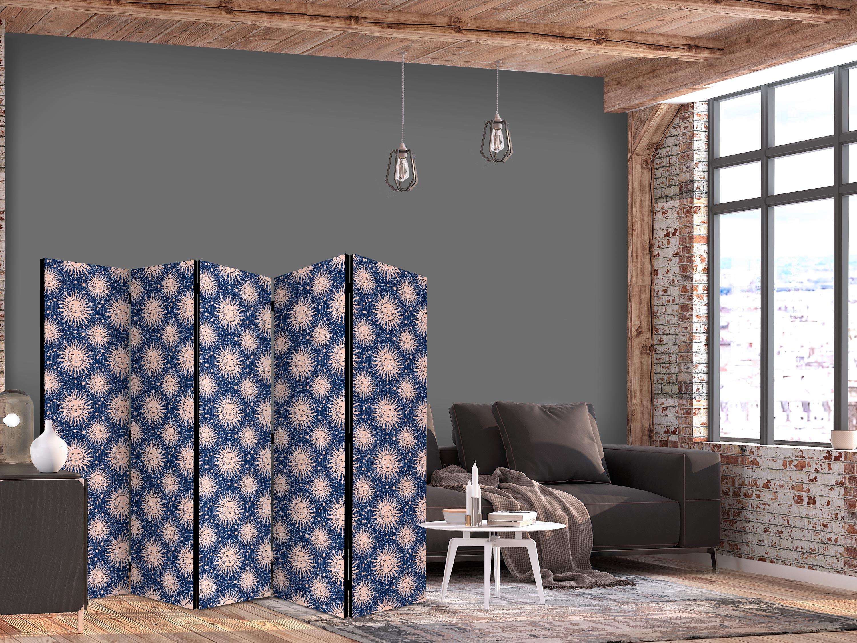5-panels skærmvæg Sunny Patterns med solmotiv 225 × 172 cm - 225 x 172 cm - Enkeltsiddet
