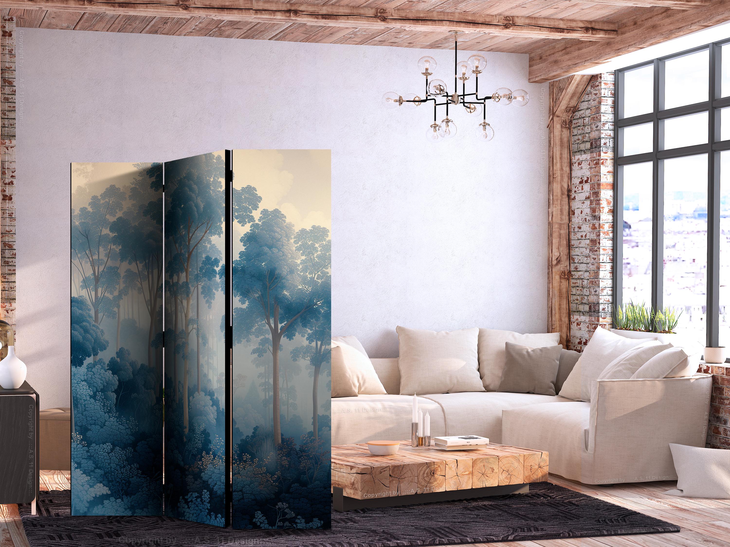 3-panels skærmvæg med blåt skovmotiv - Fairy Blue Forest - 135 x 172 cm - Akustik