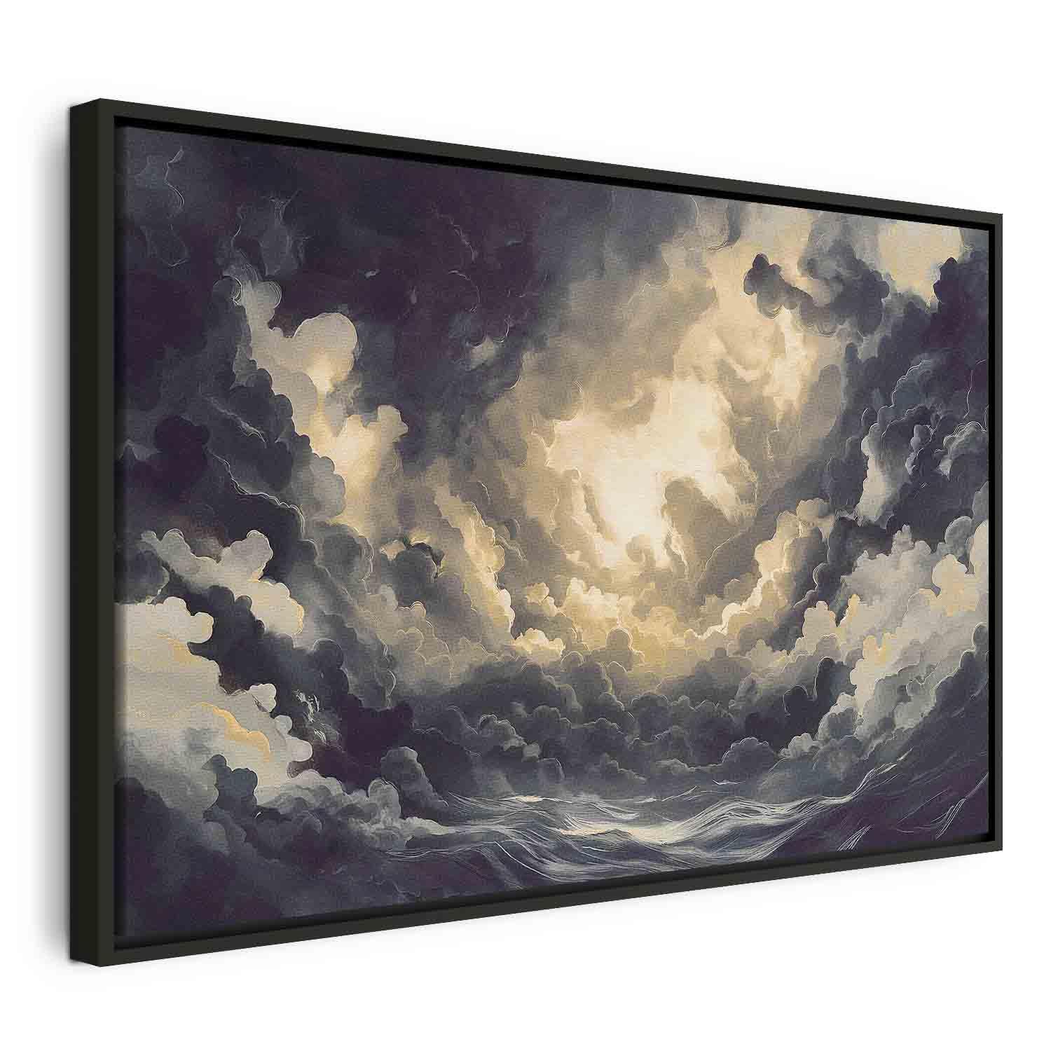 Lærredsbillede Epic Light Play - solen mod skyerne - 120 x 80 cm - I en sort træramme