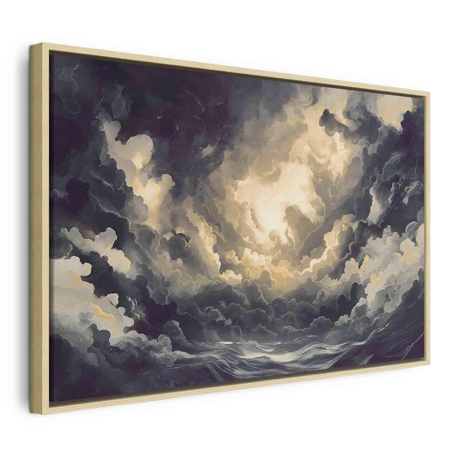 Lærredsbillede Epic Light Play - solen mod skyerne - 120 x 80 cm - I en naturlig træramme