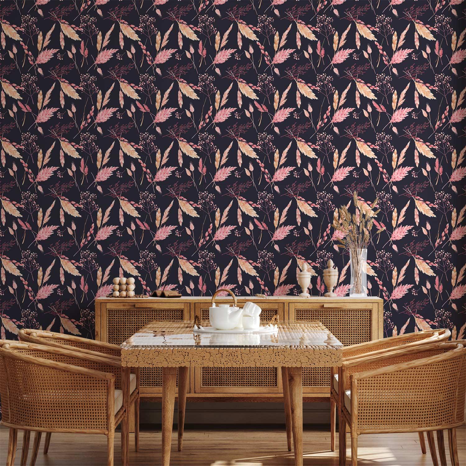 Blomstret tapet Pink Græsser - 50 x 1000 cm - Vandtæt