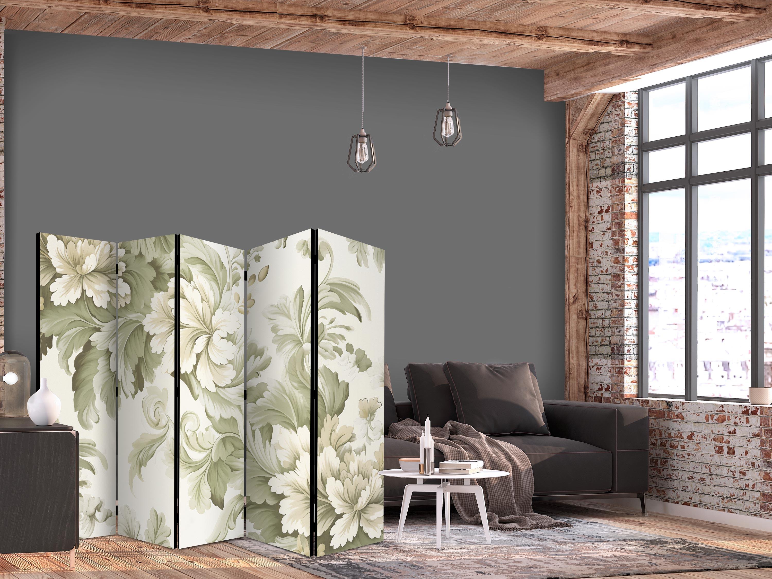 5-panels rumdeler med retro vintage blomster i creme og grøn - 225 x 172 cm - Enkeltsiddet