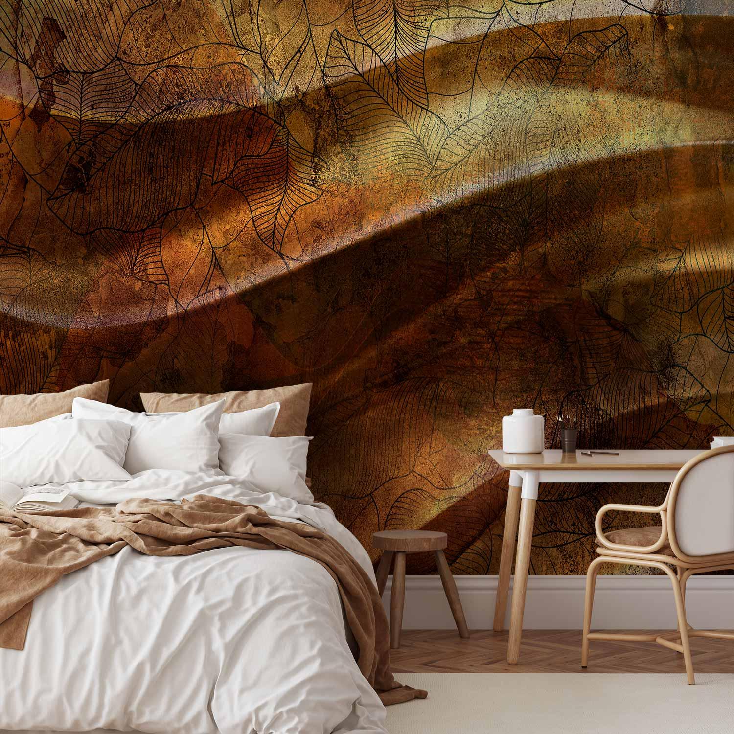 Fototapet Liquid Gold med abstrakte bølger og bladmønster - 300 x 210 cm - Premium