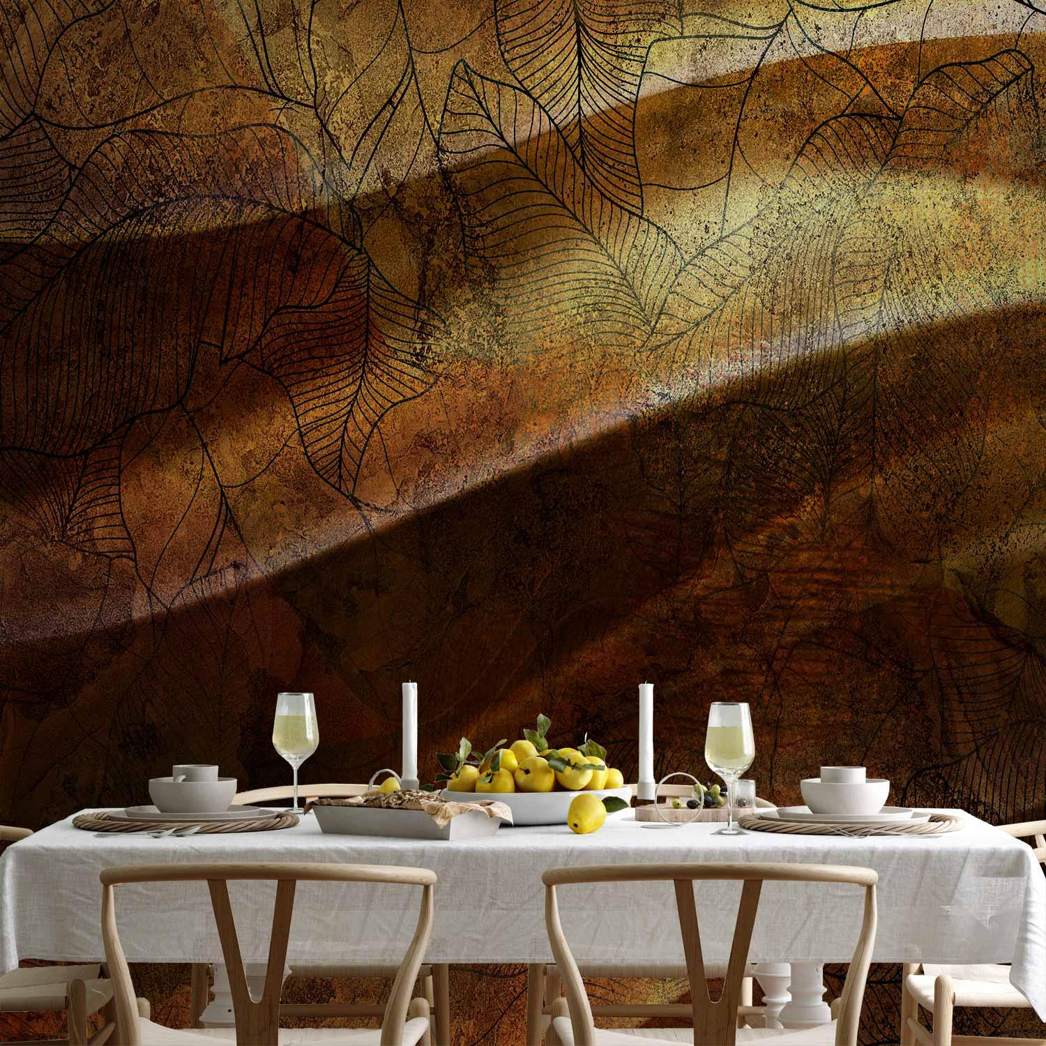 Fototapet Liquid Gold med abstrakte bølger og bladmønster - 300 x 210 cm - Vandtæt