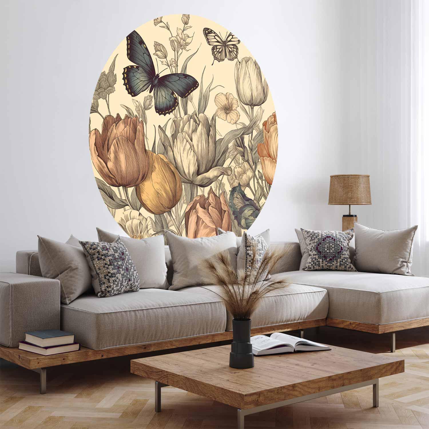 Rundt fototapet med farverige tulipaner på cremefarvet baggrund - 140 x 140 cm