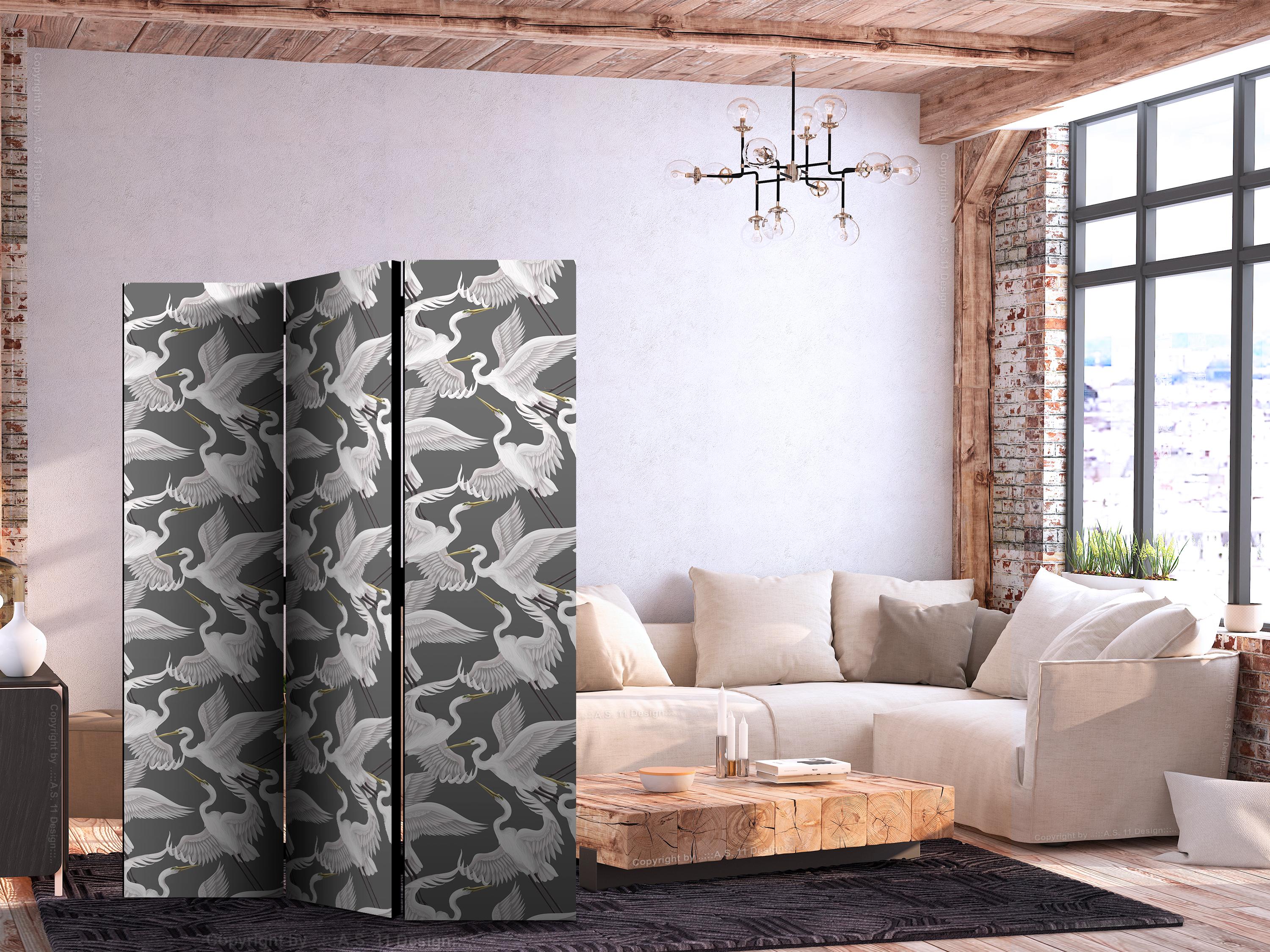 3-delt rumdeler med hejrer - pastelfugle - 135 x 172 cm - Dobbeltsiddet