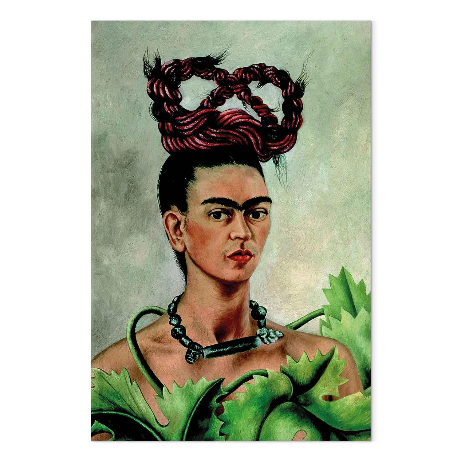 Frida Kahlo lærredsbillede - Selvportræt med fletning reproduktion - 40 x 60 cm - Akustisk
