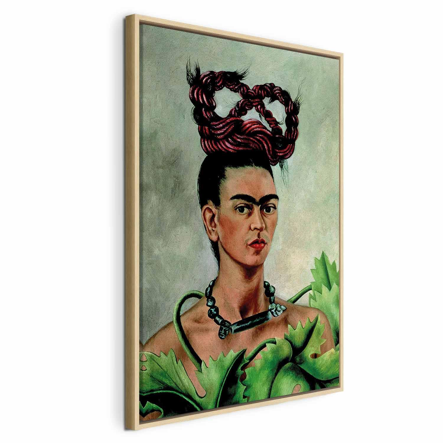 Frida Kahlo lærredsbillede - Selvportræt med fletning reproduktion - 60 x 90 cm - I en naturlig træramme