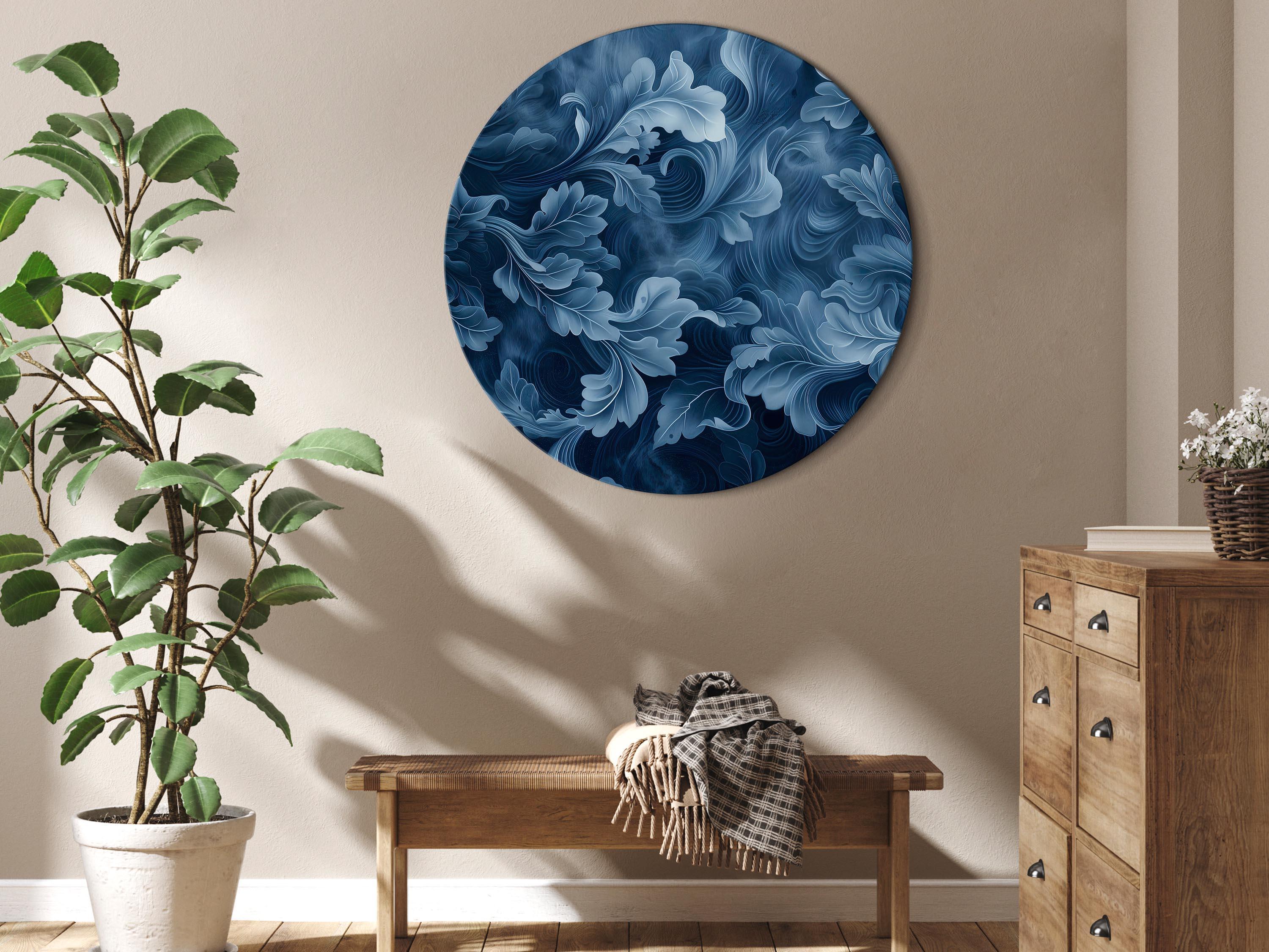 Rundt lærredsprint med abstrakte ornamenter og mørkeblå viktorianske blade - 80 x 80 cm