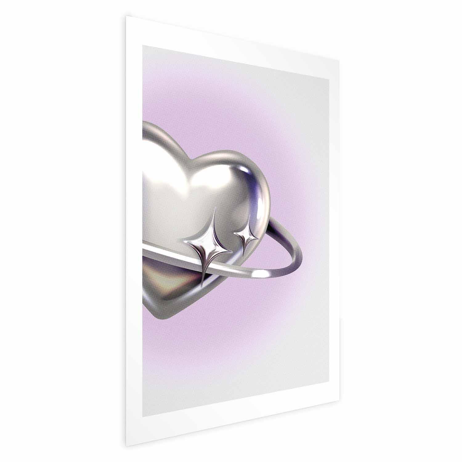 Abstrakt plakat Cosmic Heart - sølvfarvet hjerte med ring på lilla baggrund - 60 x 90 cm - Uden ramme