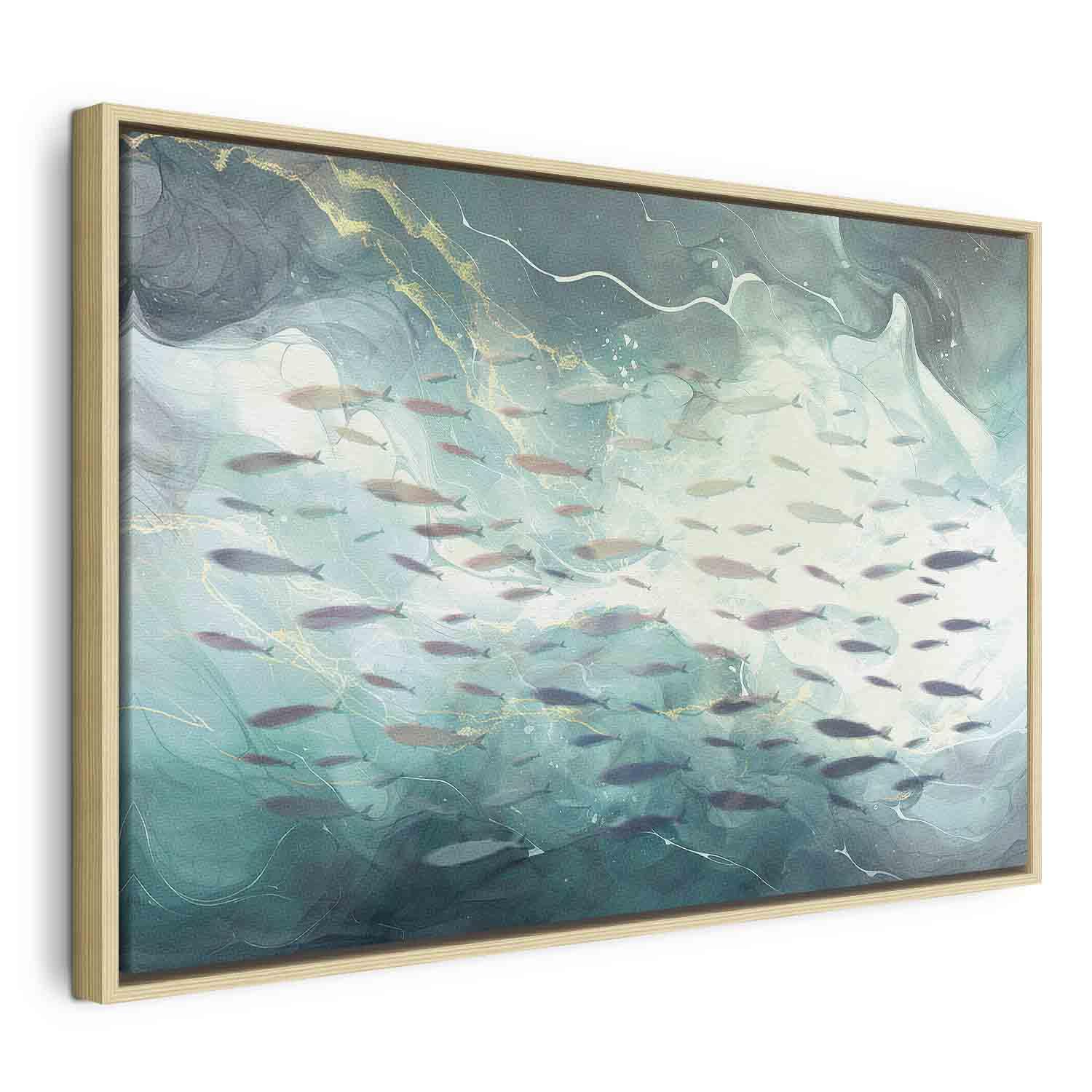 Billede på lærred med stime af små fisk - 120 x 80 cm - I en naturlig træramme