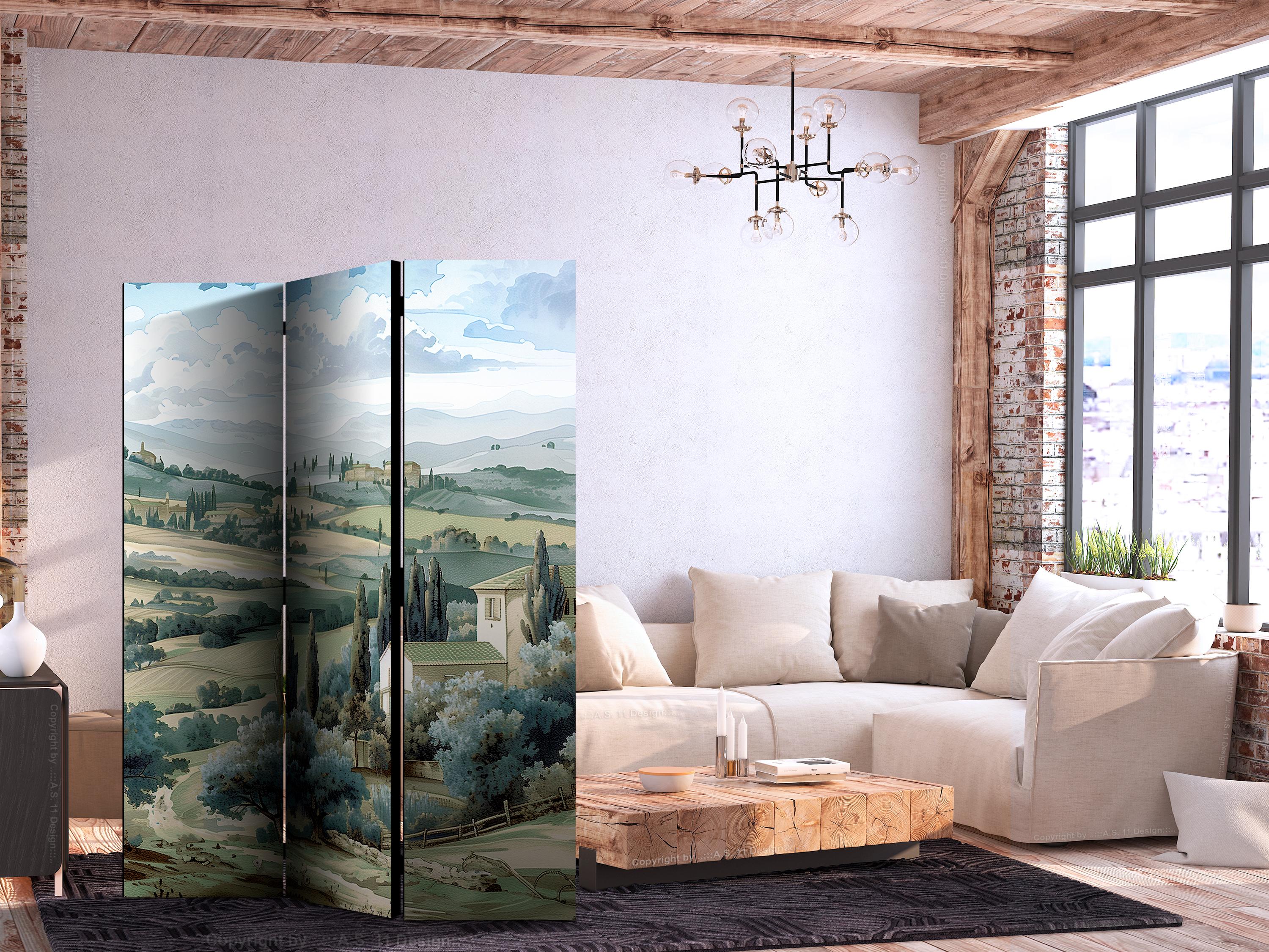 Skærmvæg med toskansk landskab og grønne marker 135 x 172 cm - 135 x 172 cm - Dobbeltsiddet