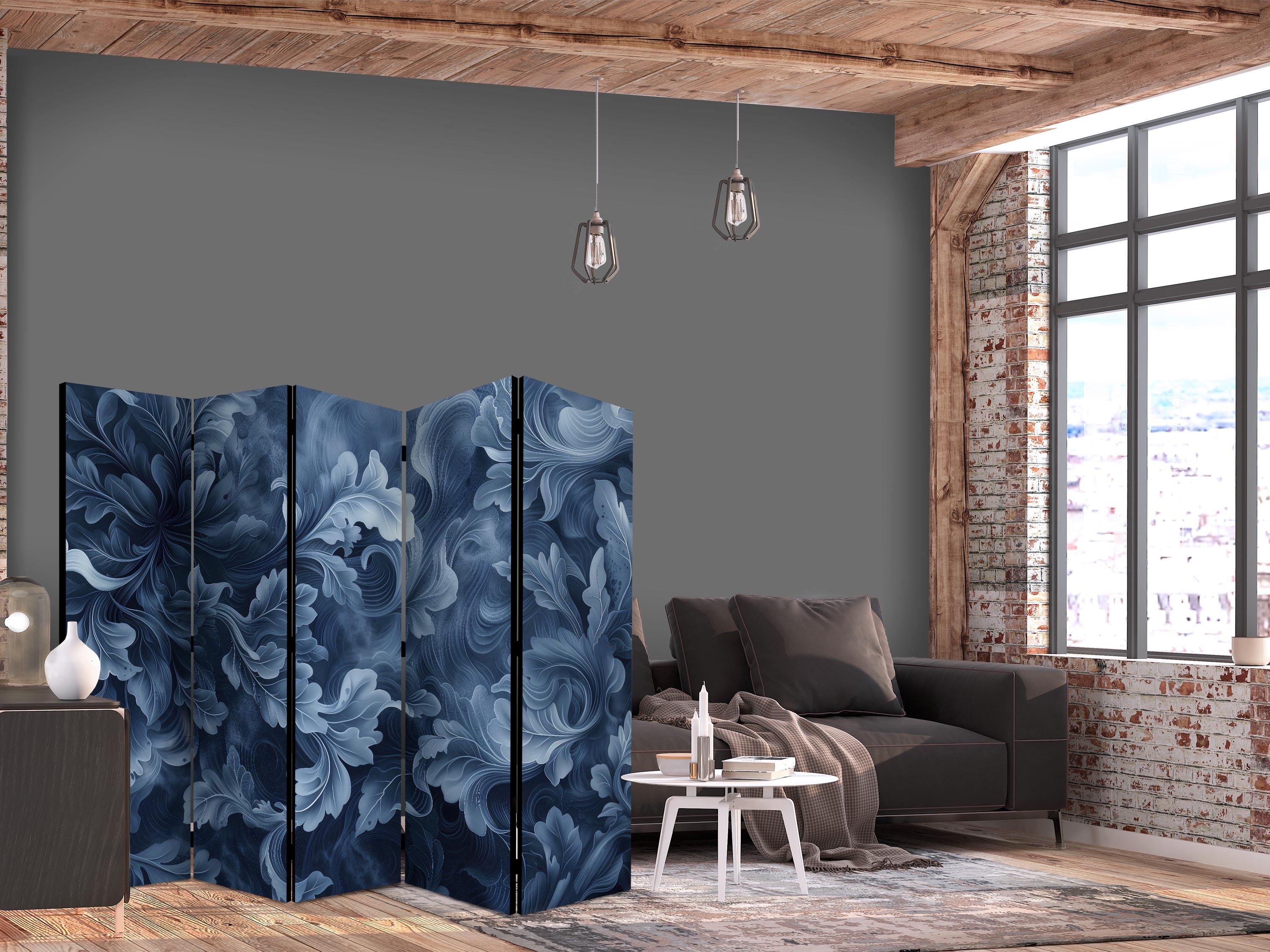 5-panels skærmvæg med abstrakte ornamenter og mørkeblå victorianske blade - 225 x 172 cm - Akustik