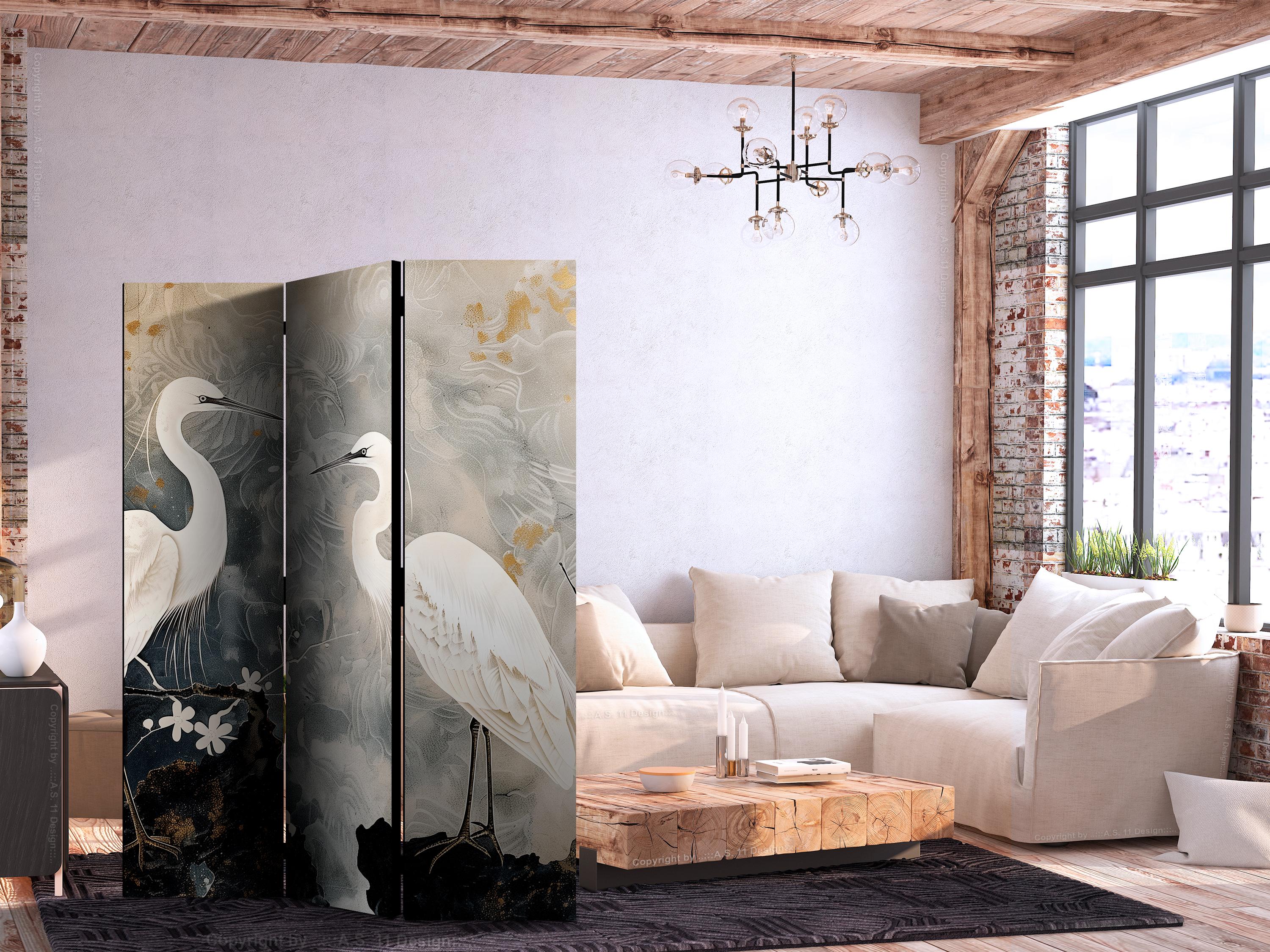 Skærmvæg med hejrer og kirsebærblomster i orientalsk stil 135 x 172 cm - 135 x 172 cm - Dobbeltsiddet
