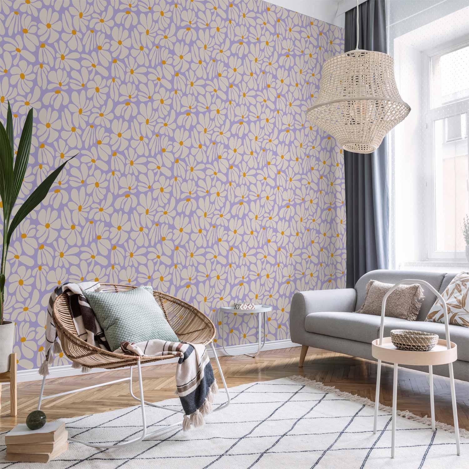 Tapet med små cremefarvede blomster på blå baggrund - 50 x 1000 cm - Standard