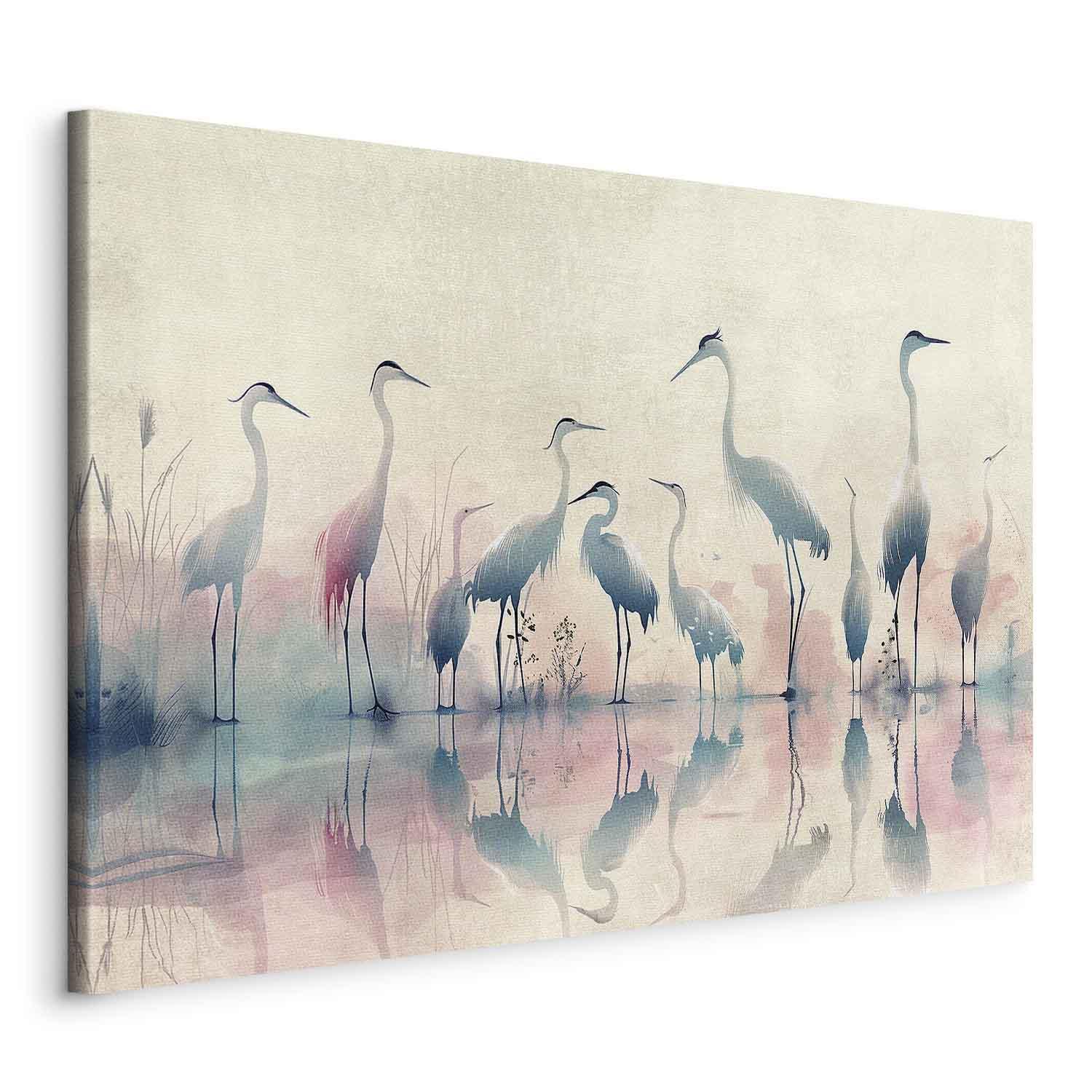Billede på lærred med hejrer ved søen i akvarel - 90 x 60 cm - På italiensk lærred